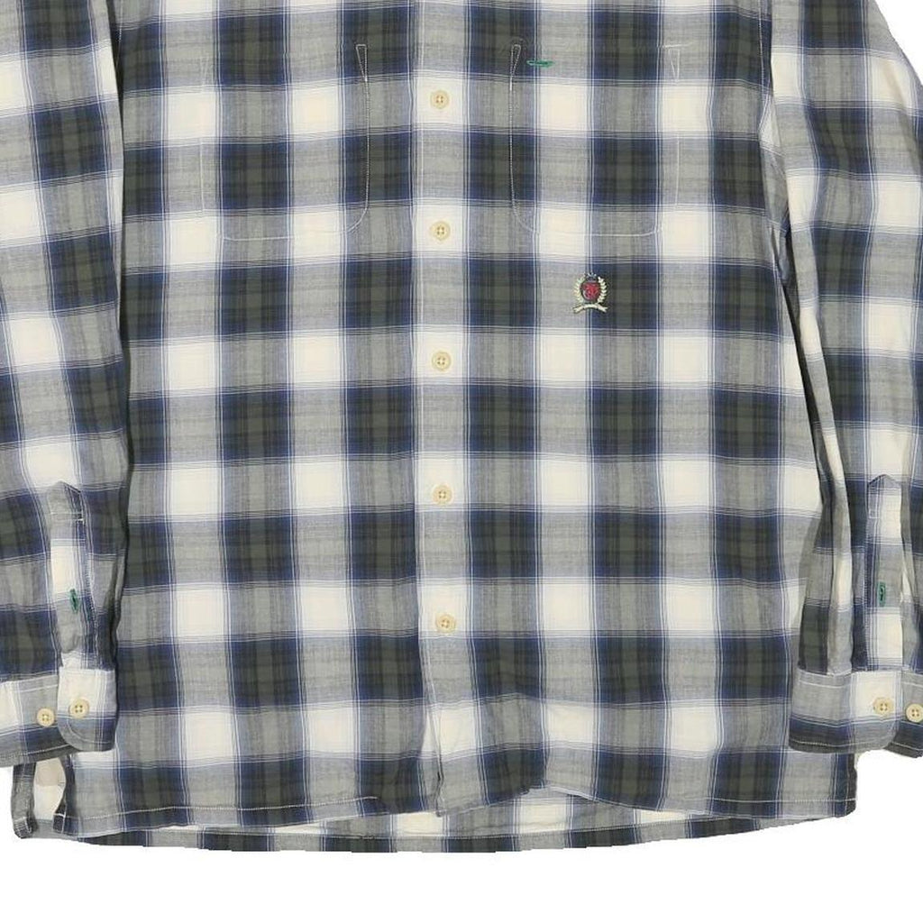 TOMMY HILFIGER Mens Blue & Green Check Shirt M Casual Cotton Blend Long Sleeve