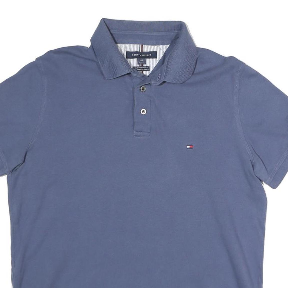 TOMMY HILFIGER Mens Blue Short Sleeve Plain L Polo Shirt Cotton Blend Casual