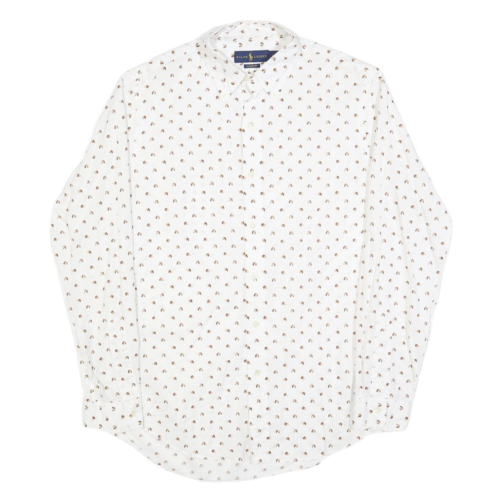 RALPH LAUREN Mens White & Brown Pattern Cotton Blend Shirt M Classic Fit