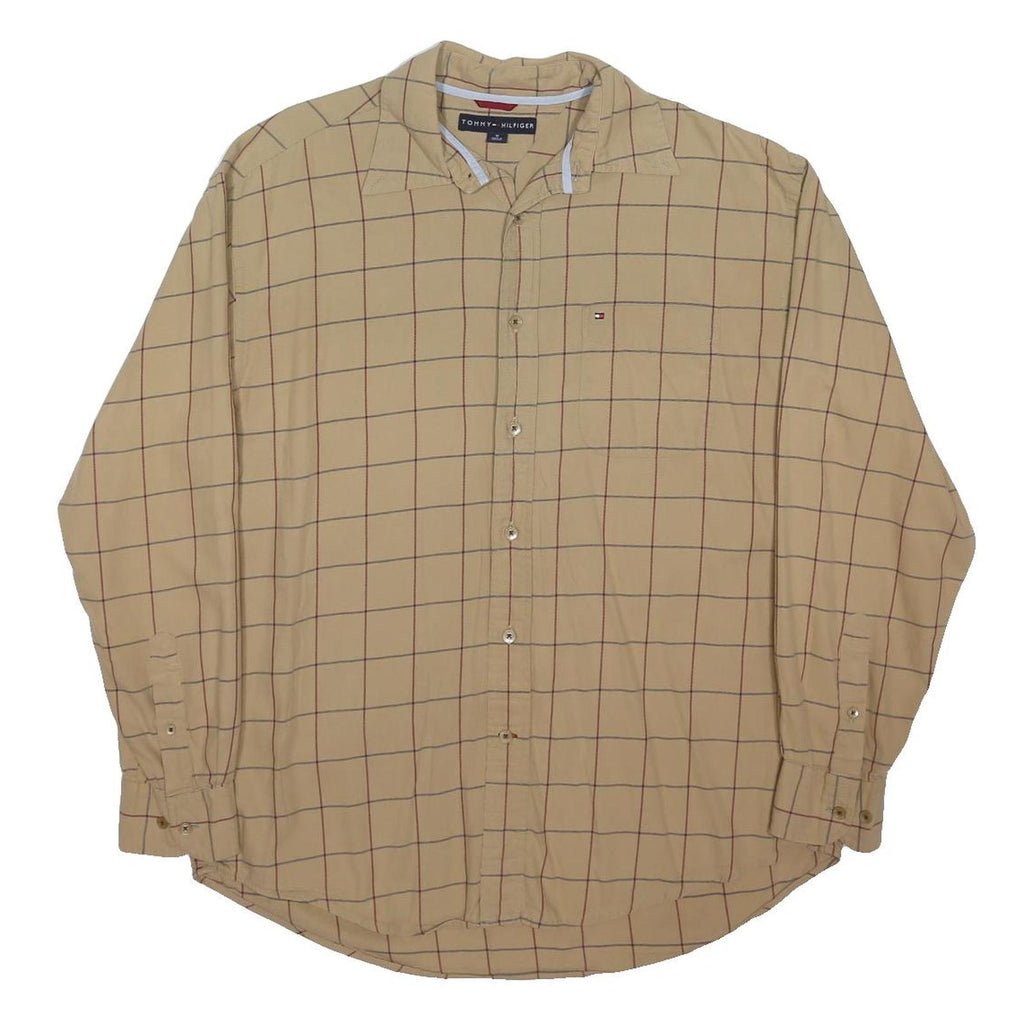 TOMMY HILFIGER Mens Beige & Brown Checked Cotton Blend Shirt L Classic Fit
