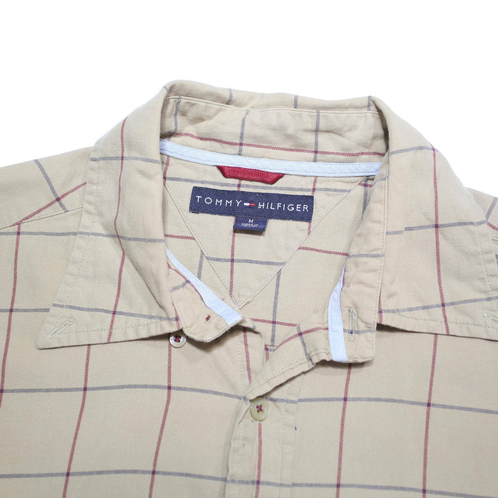 TOMMY HILFIGER Mens Beige & Brown Checked Cotton Blend Shirt L Classic Fit