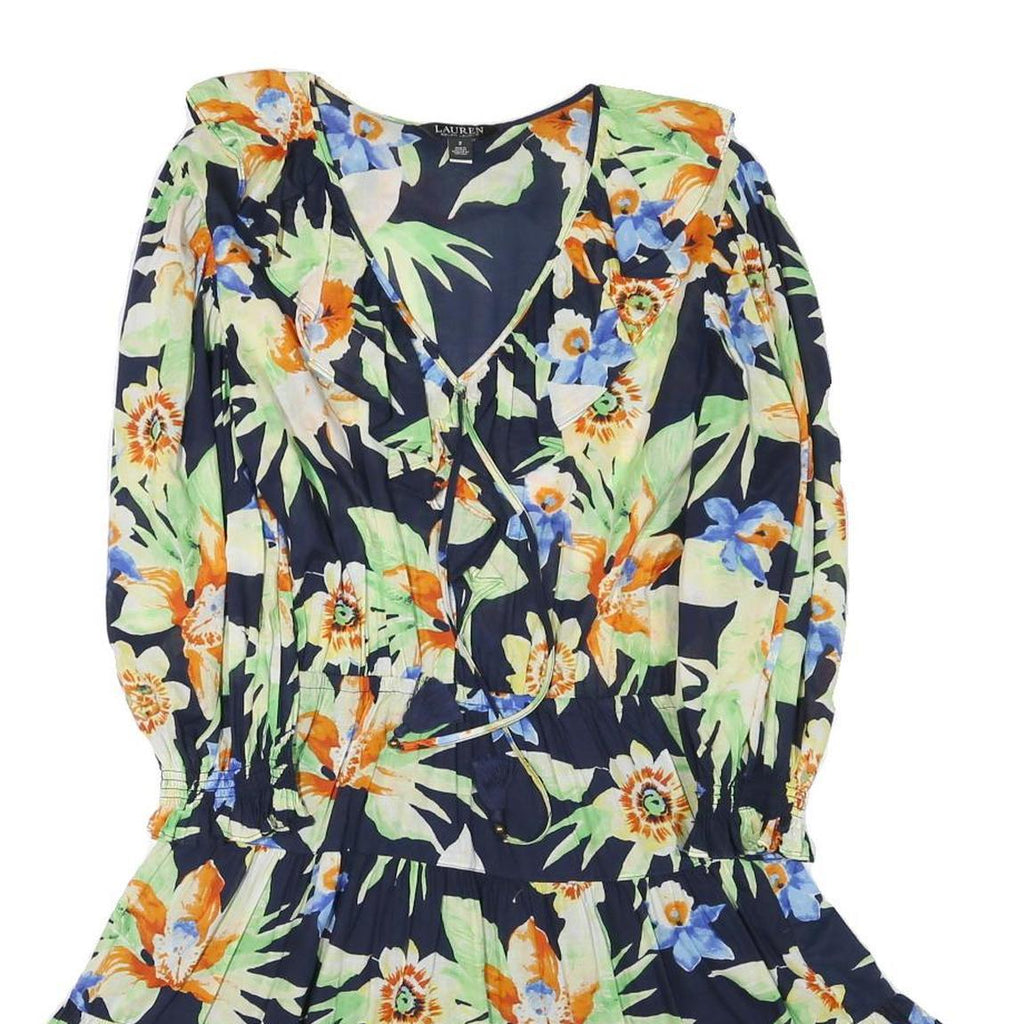 LAUREN RALPH LAUREN Womens Navy Blue Floral Cotton Blend Wrap Dress Midi M Frill