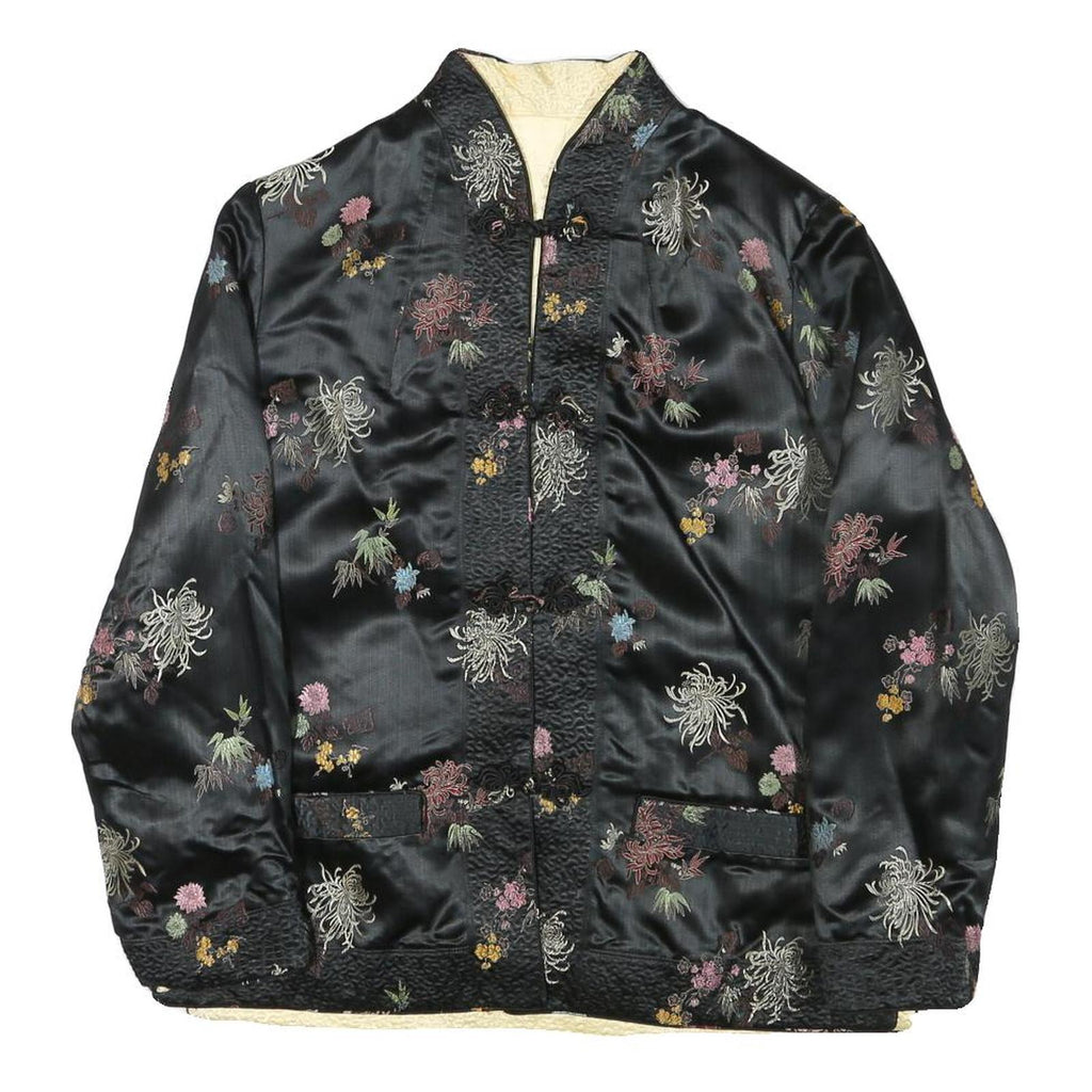 Womens Black & Cream Reversible Floral Pattern Jacket M Silk Blend Button