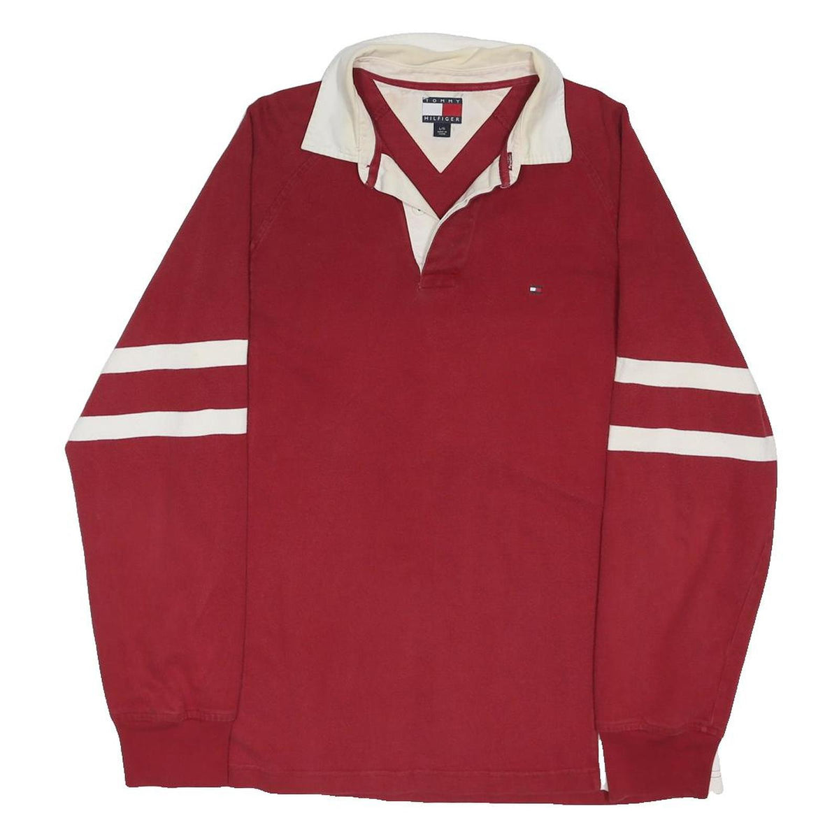 TOMMY HILFIGER Mens Red & Cream Long Sleeve Rugby Polo Shirt XL Cotton