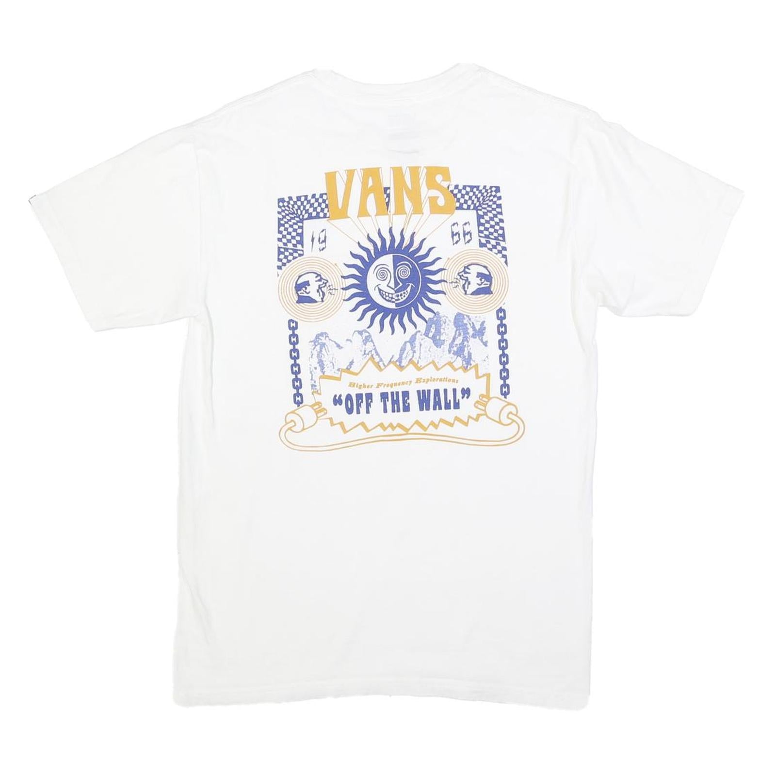 VANS Mens White Blue and Yellow Graphic T-Shirt S Short Sleeve Crew Neck Off The