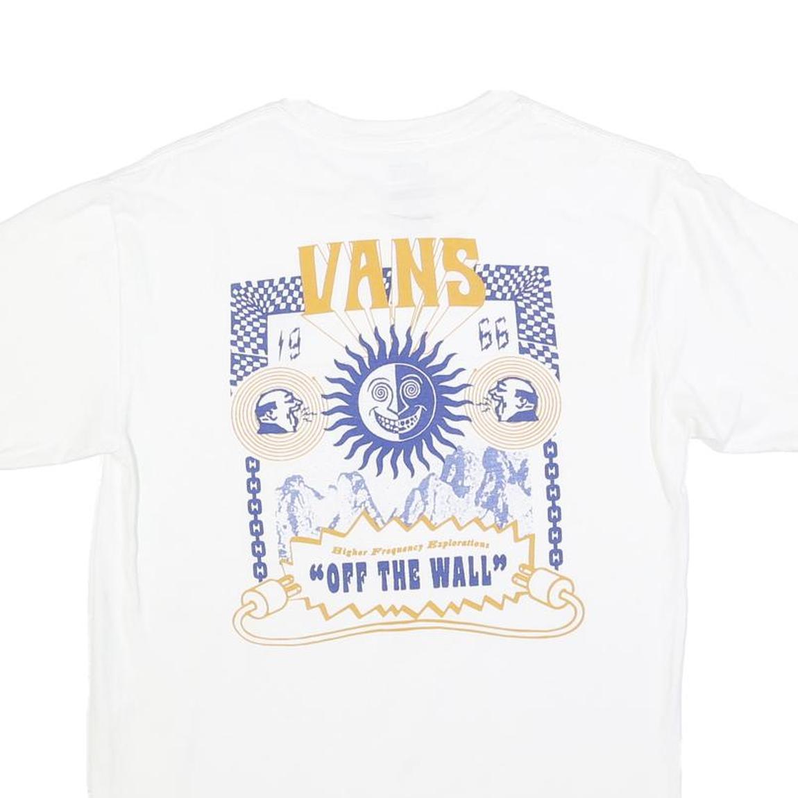 VANS Mens White Blue and Yellow Graphic T-Shirt S Short Sleeve Crew Neck Off The
