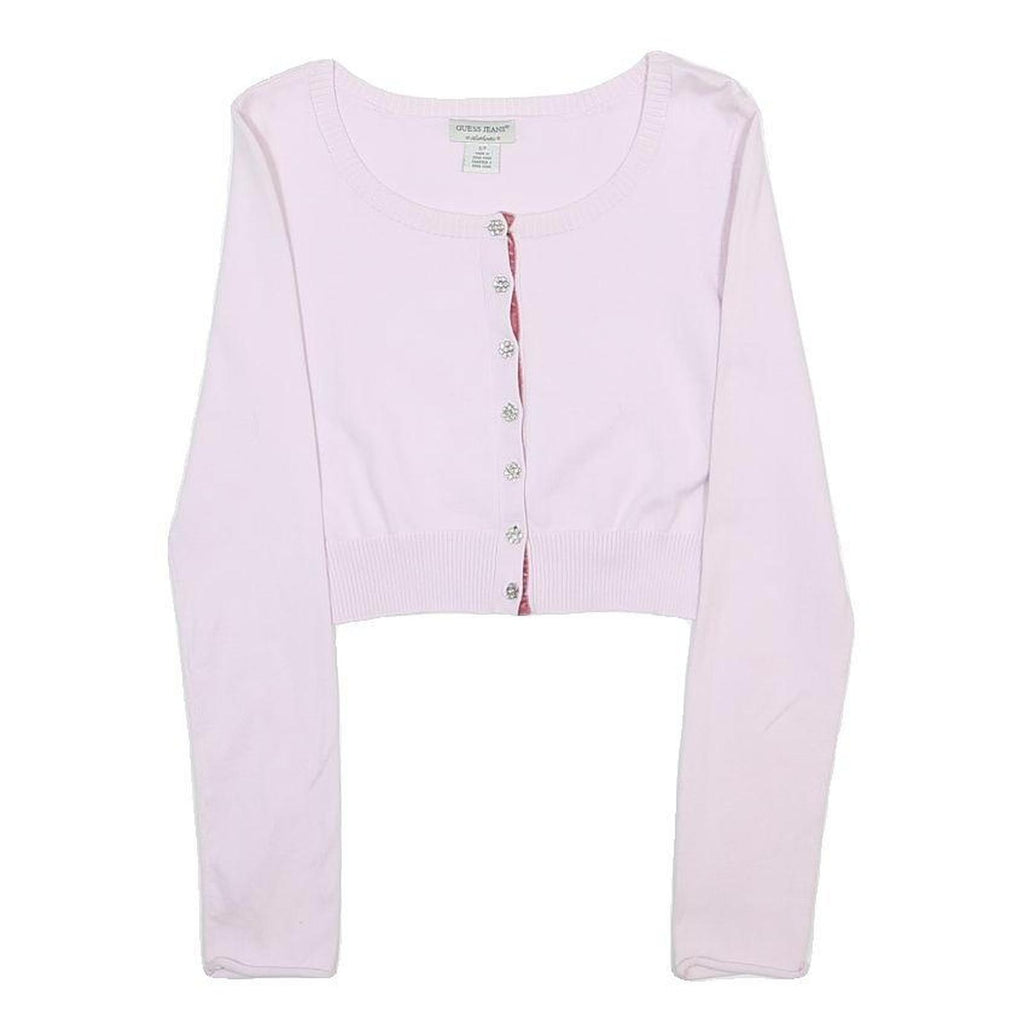 GUESS JEANS Womens Pink Plain Jumper Button Up Crew Neck Basic Knit S Cropped