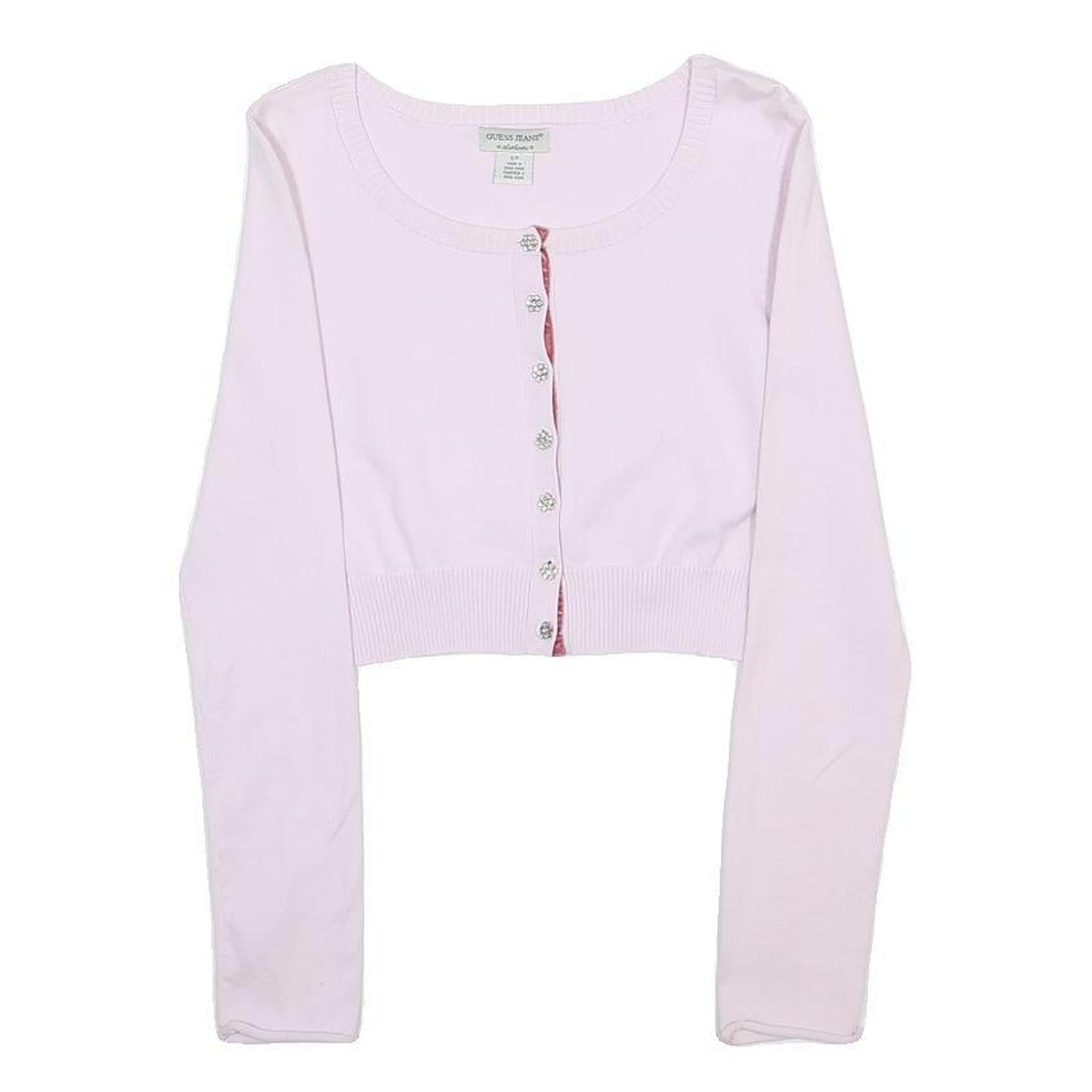 GUESS JEANS Womens Pink Plain Jumper Button Up Crew Neck Basic Knit S Cropped