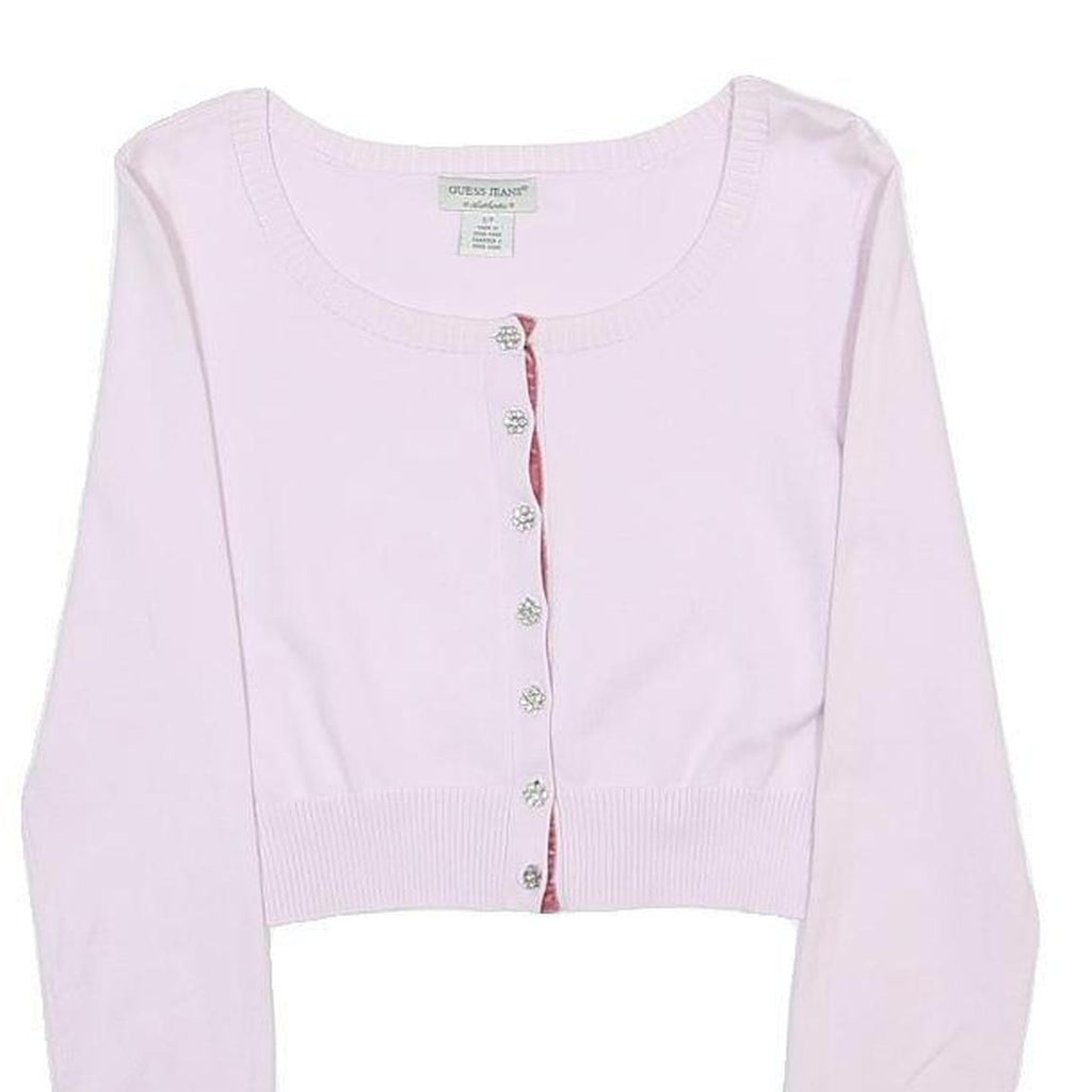 GUESS JEANS Womens Pink Plain Jumper Button Up Crew Neck Basic Knit S Cropped