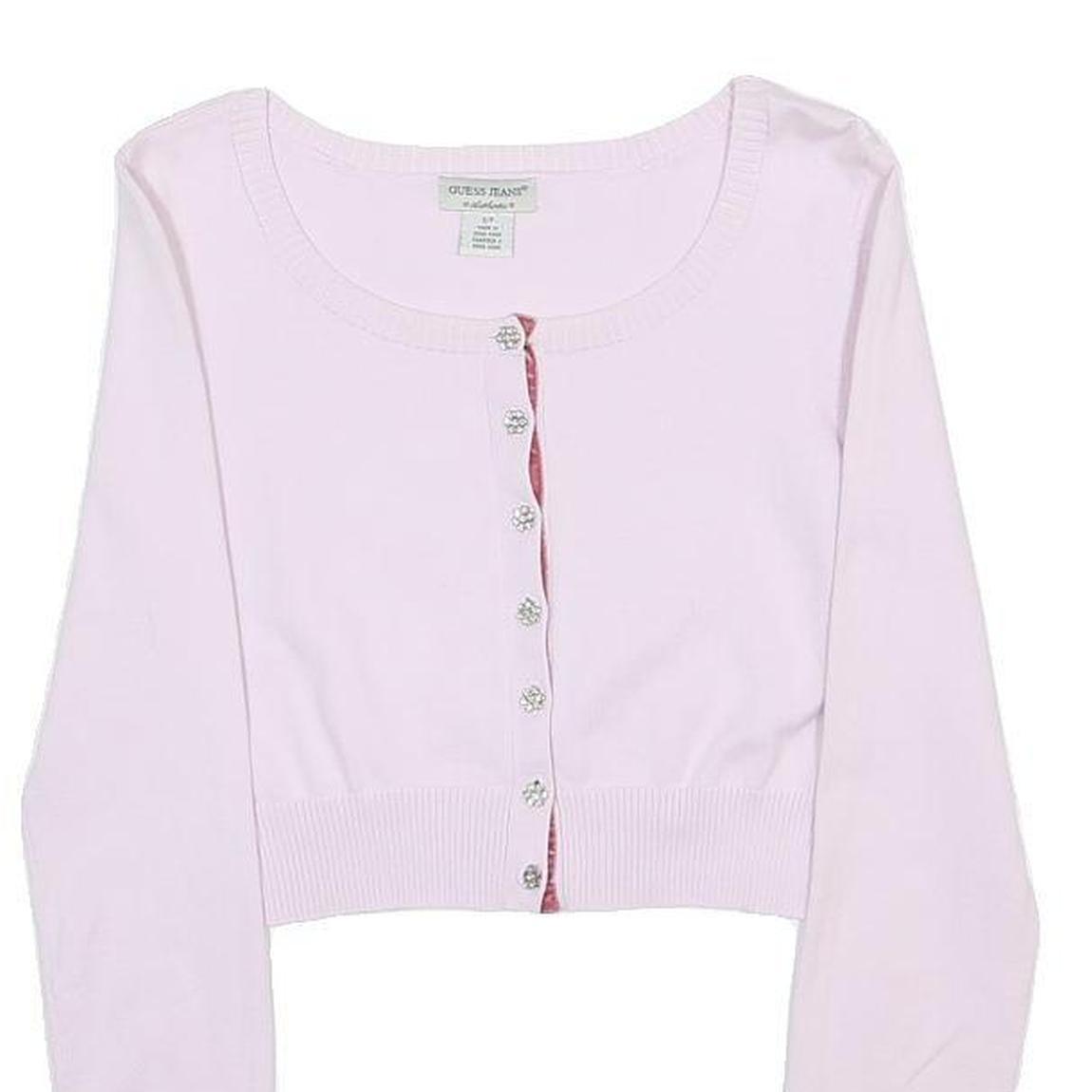 GUESS JEANS Womens Pink Plain Jumper Button Up Crew Neck Basic Knit S Cropped