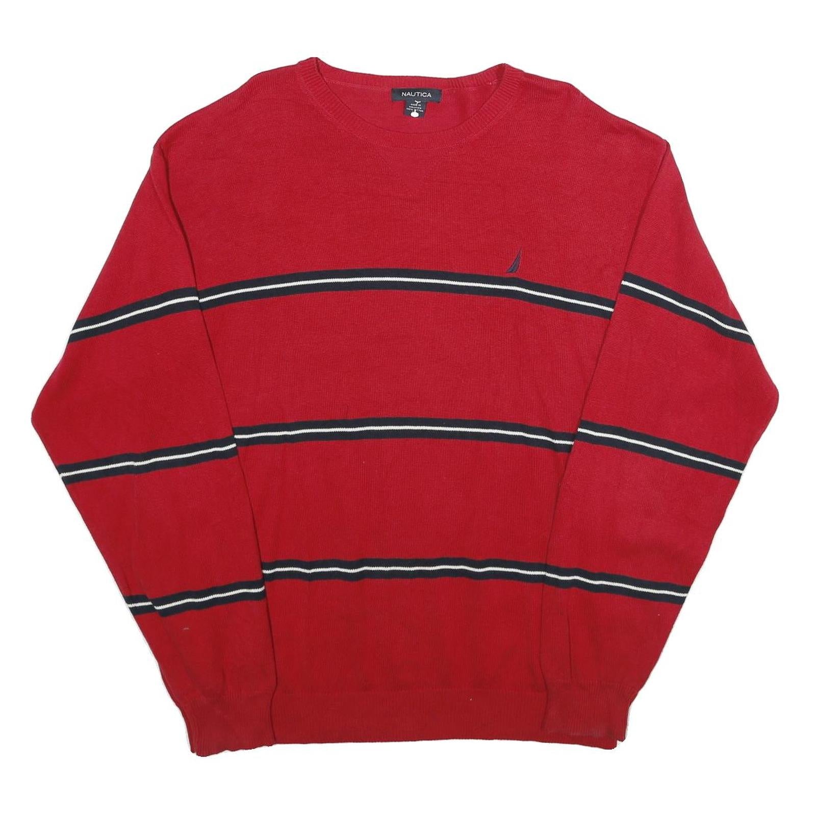 NAUTICA Mens Red Striped Cotton Jumper Crew Neck Basic Knit XL Classic Casual