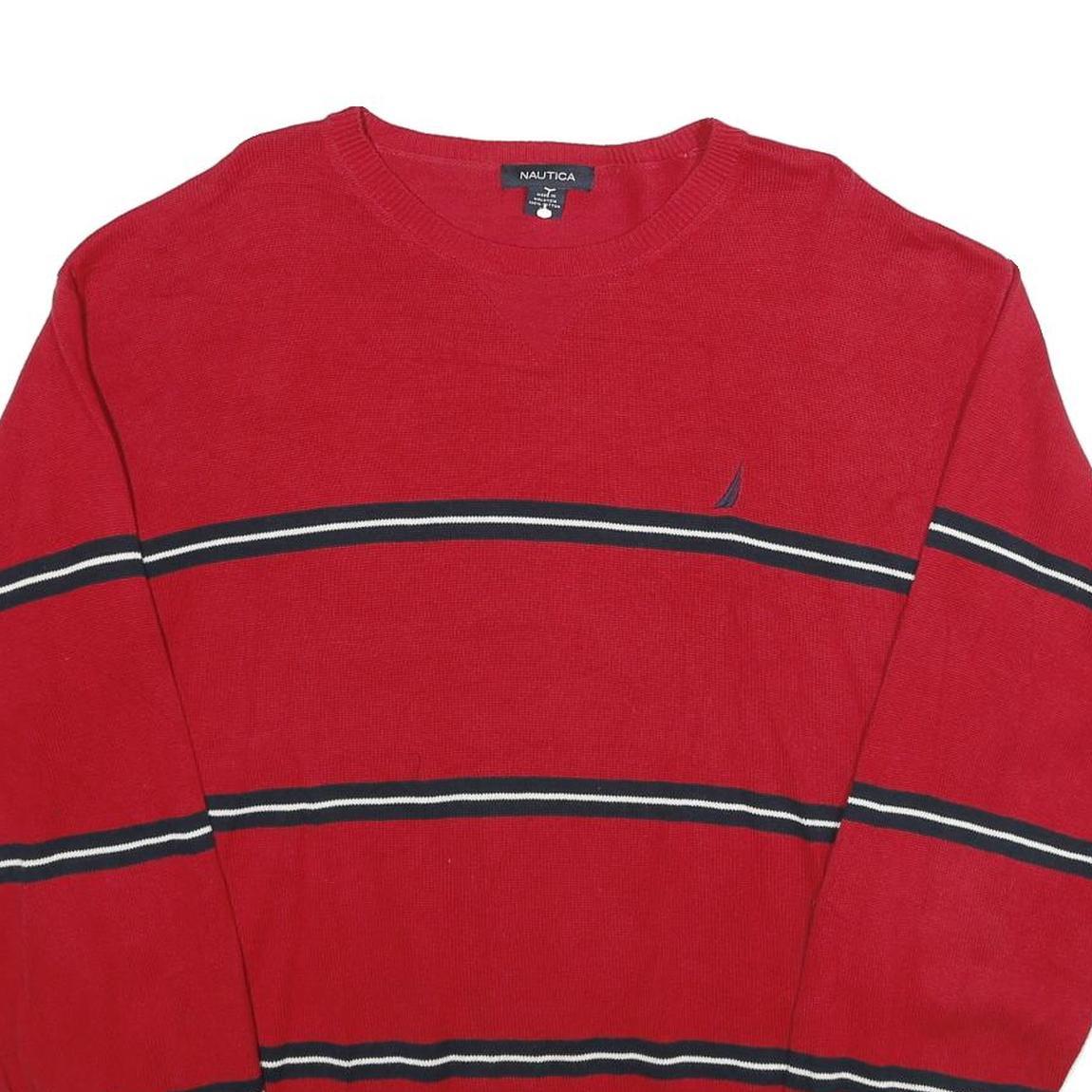 NAUTICA Mens Red Striped Cotton Jumper Crew Neck Basic Knit XL Classic Casual