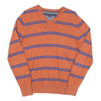 TOMMY HILFIGER Mens Orange & Blue Striped Patterned V-Neck Basic Knit Jumpers S