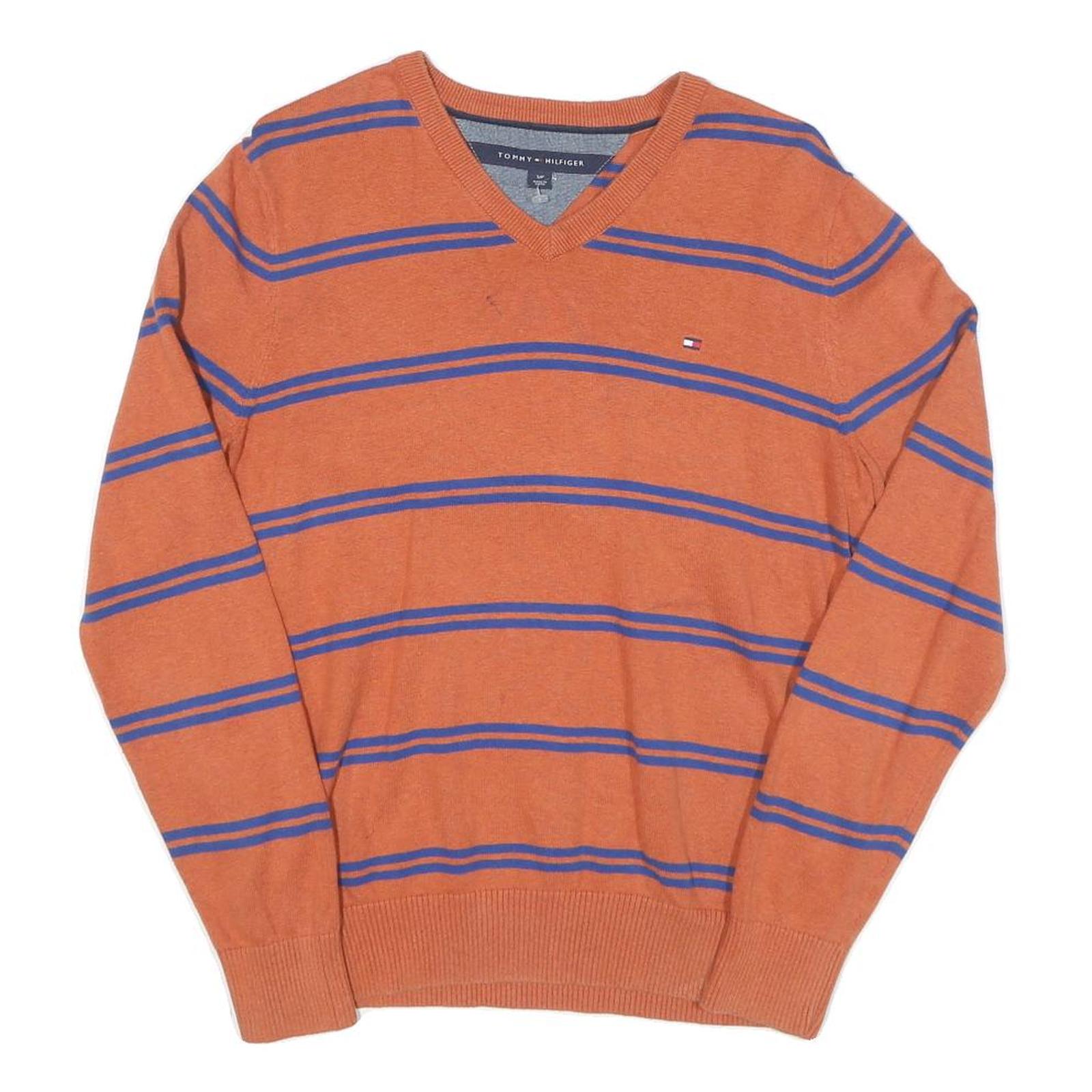 TOMMY HILFIGER Mens Orange & Blue Striped Patterned V-Neck Basic Knit Jumpers S