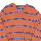 TOMMY HILFIGER Mens Orange & Blue Striped Patterned V-Neck Basic Knit Jumpers S
