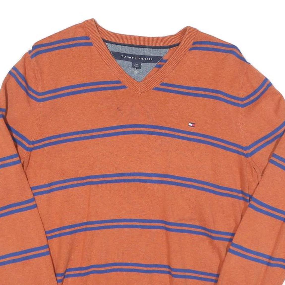 TOMMY HILFIGER Mens Orange & Blue Striped Patterned V-Neck Basic Knit Jumpers S