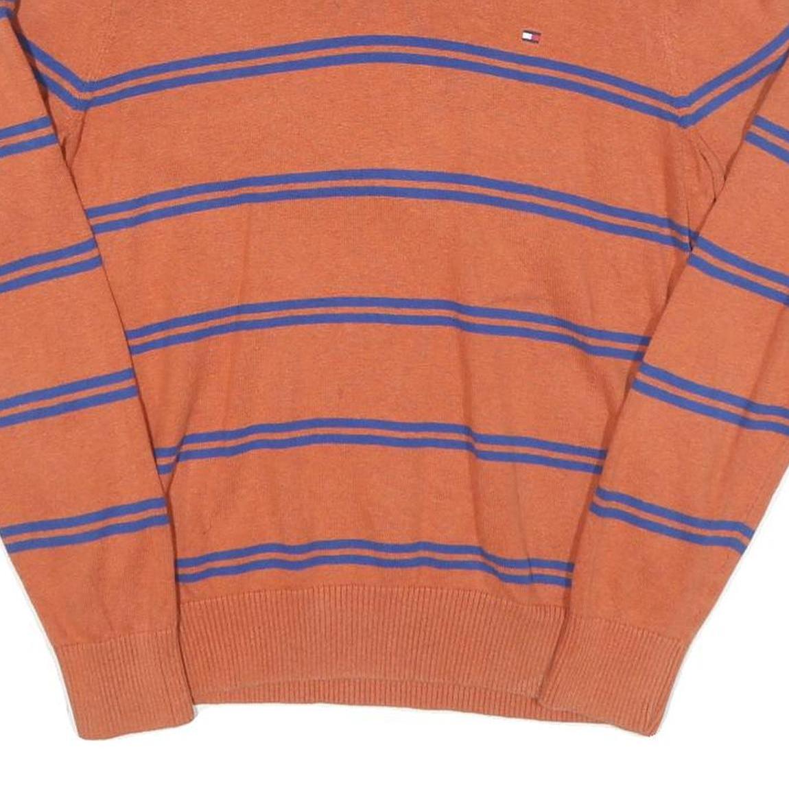 TOMMY HILFIGER Mens Orange & Blue Striped Patterned V-Neck Basic Knit Jumpers S