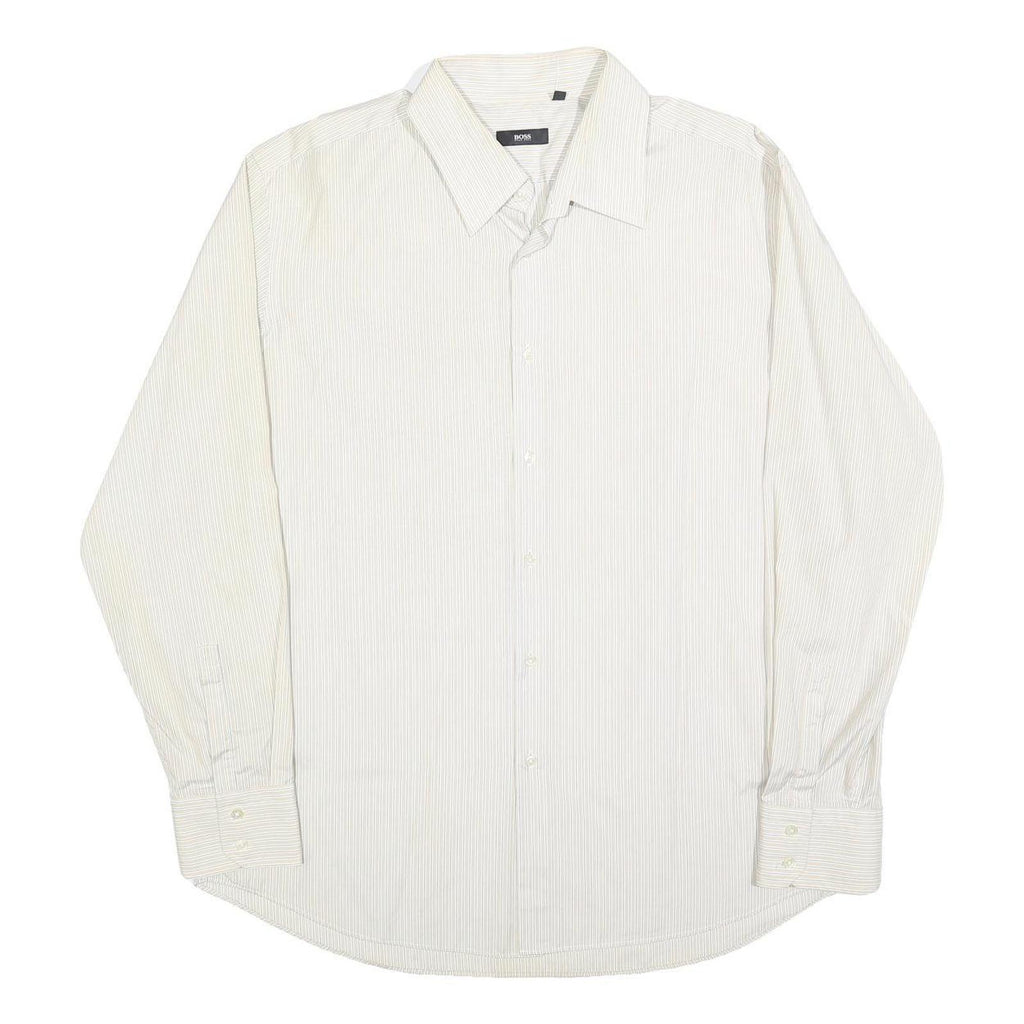 HUGO BOSS Mens White & Cream Striped Shirt L Smart Polyester Blend Formal