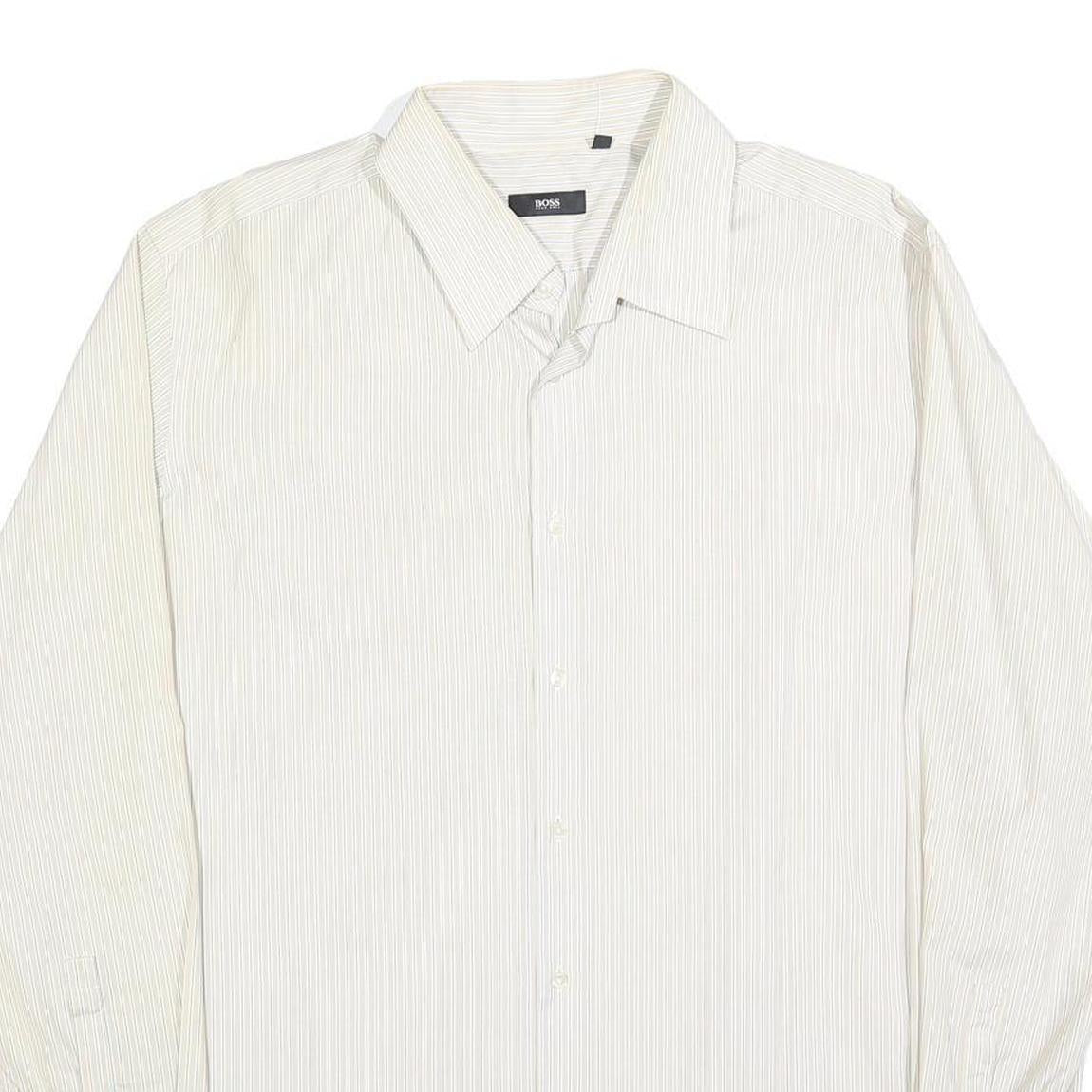 HUGO BOSS Mens White & Cream Striped Shirt L Smart Polyester Blend Formal