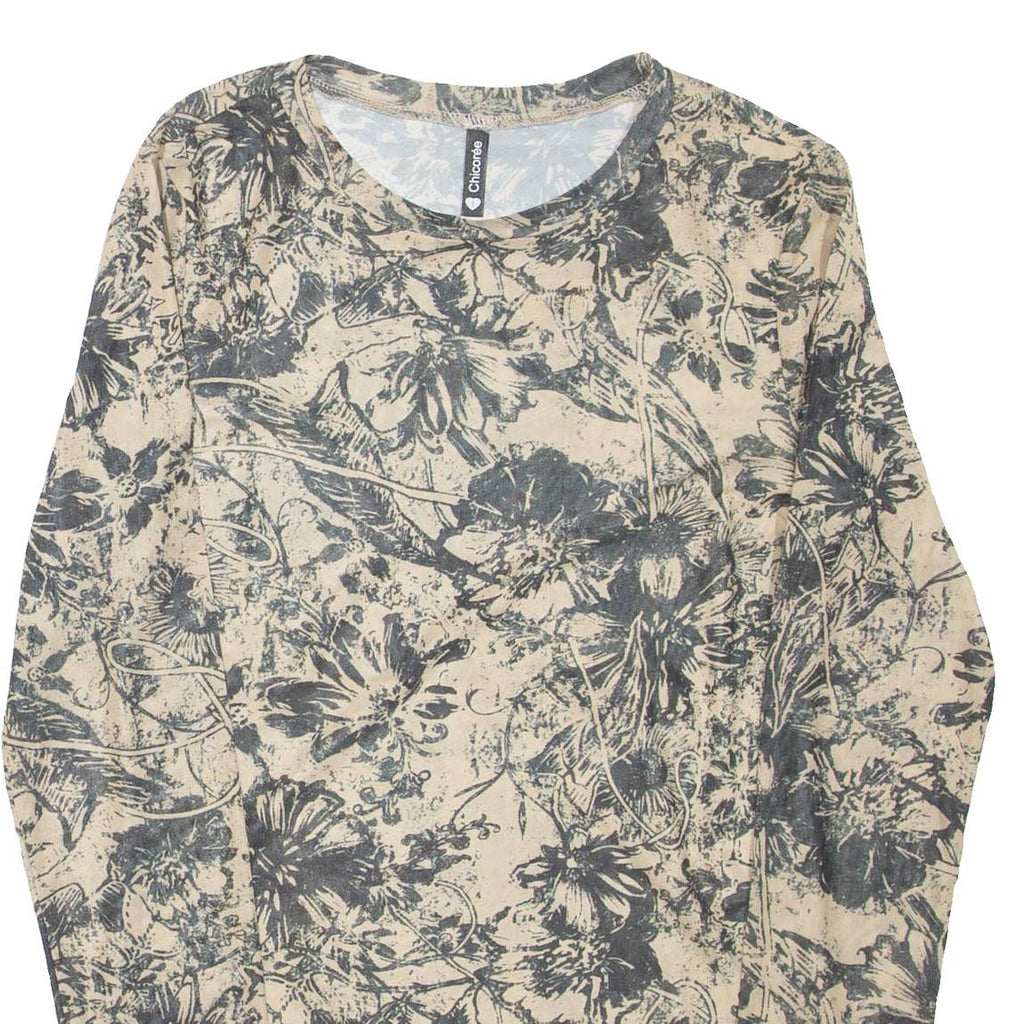 CHICOREE Sheer Womens Printed Top Beige Long Sleeve Floral S