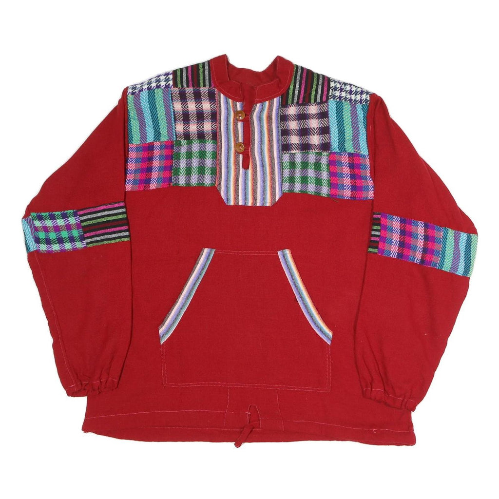 Mens Red Patterned Pullover Jumper Cotton Blend XL Patchwork Crew Neck Relaxed