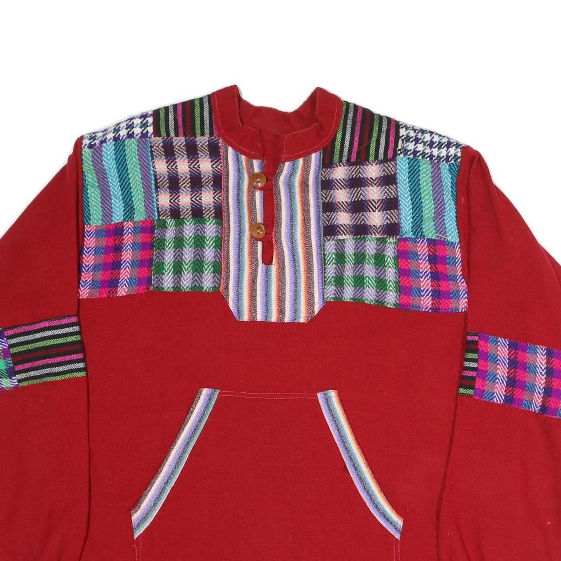 Mens Red Patterned Pullover Jumper Cotton Blend XL Patchwork Crew Neck Relaxed