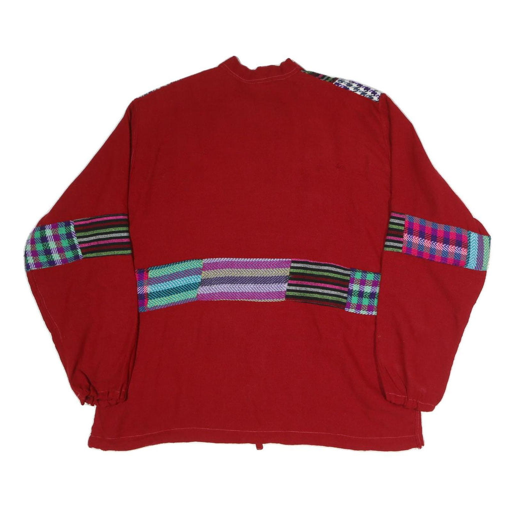 Mens Red Patterned Pullover Jumper Cotton Blend XL Patchwork Crew Neck Relaxed