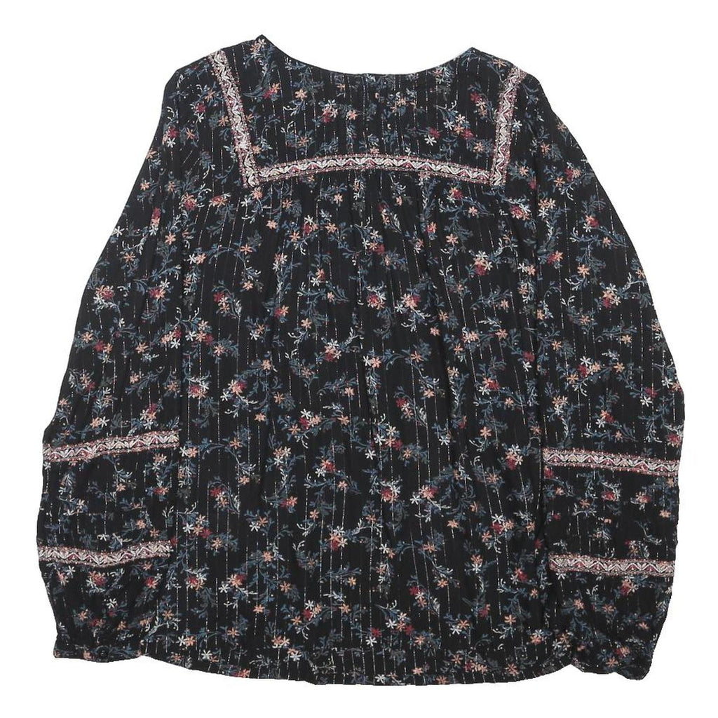 FAT FACE Womens Black Floral Printed Long Sleeve Round Neck Top UK 12 Cotton