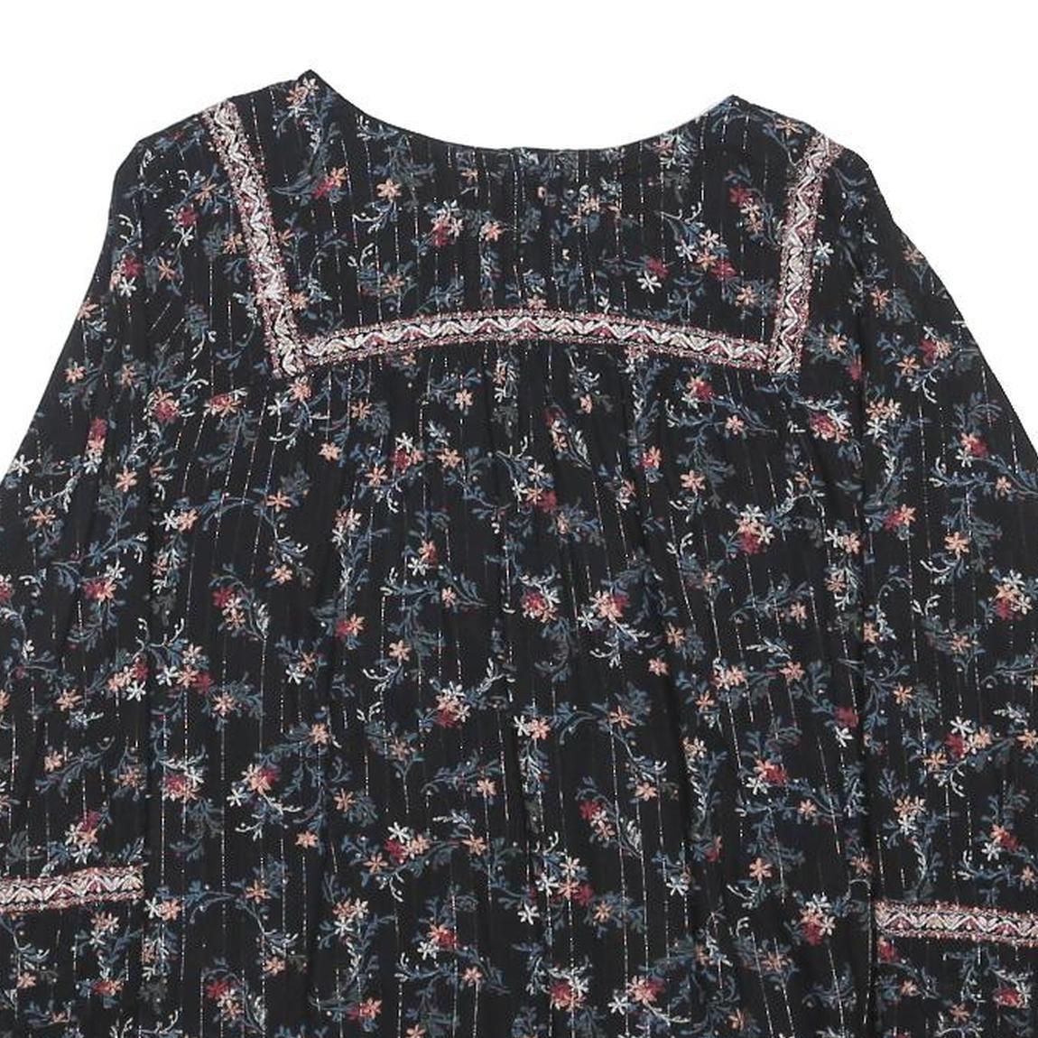 FAT FACE Womens Black Floral Printed Long Sleeve Round Neck Top UK 12 Cotton