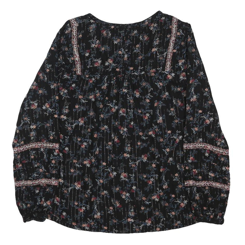 FAT FACE Womens Black Floral Printed Long Sleeve Round Neck Top UK 12 Cotton