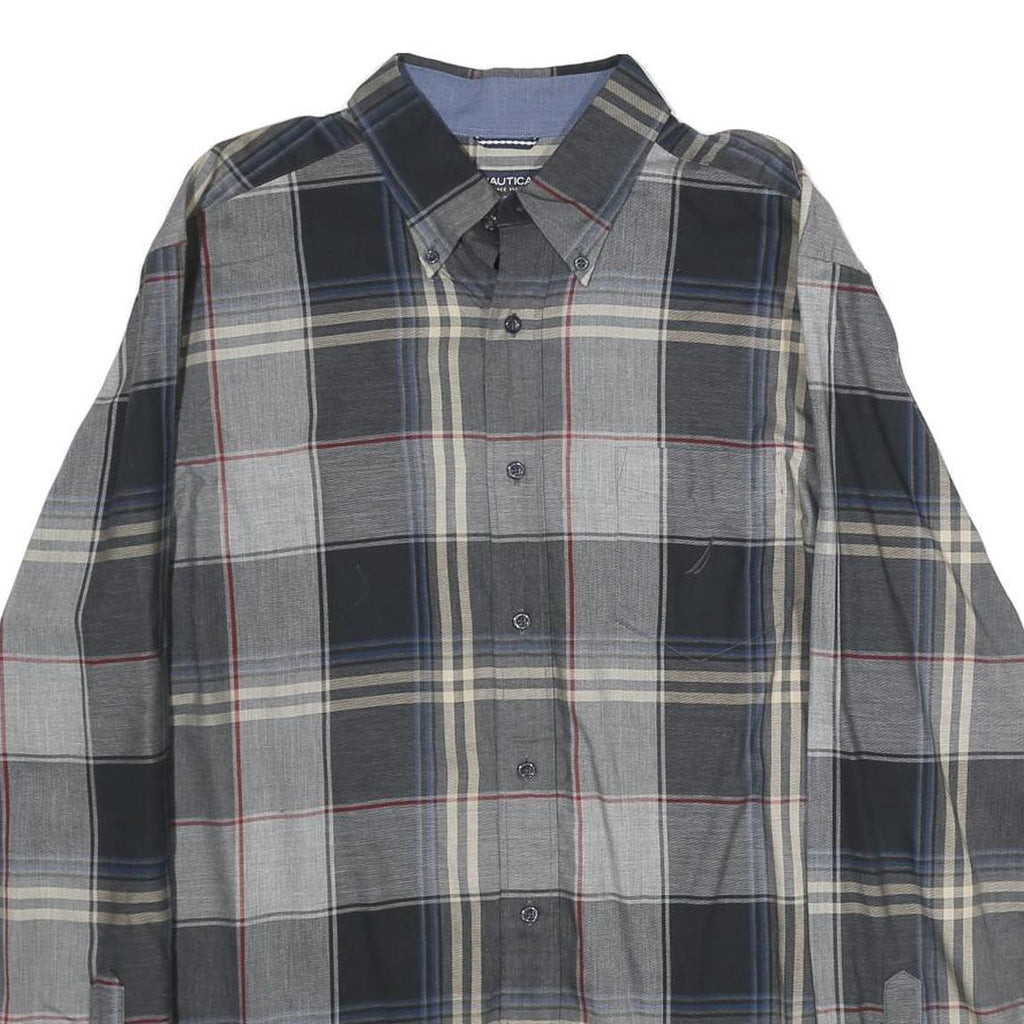 NAUTICA Mens Grey & Beige Check Cotton Shirt L Casual Button-Down Long Sleeve