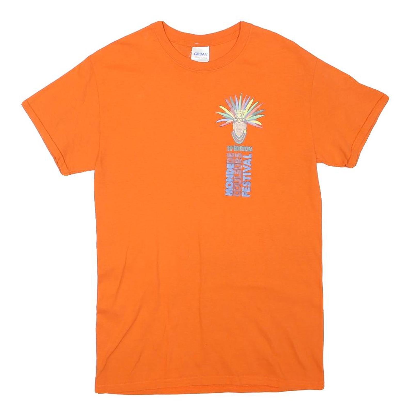 GILDAN Mens Orange Monde Couleurs Festival Graphic T-Shirt S Short Sleeve Crew