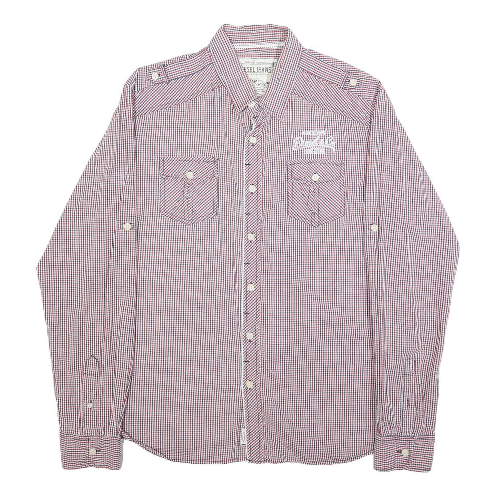 DIESEL Mens Red Blue Check Shirt L Casual Cotton Button Long Sleeve