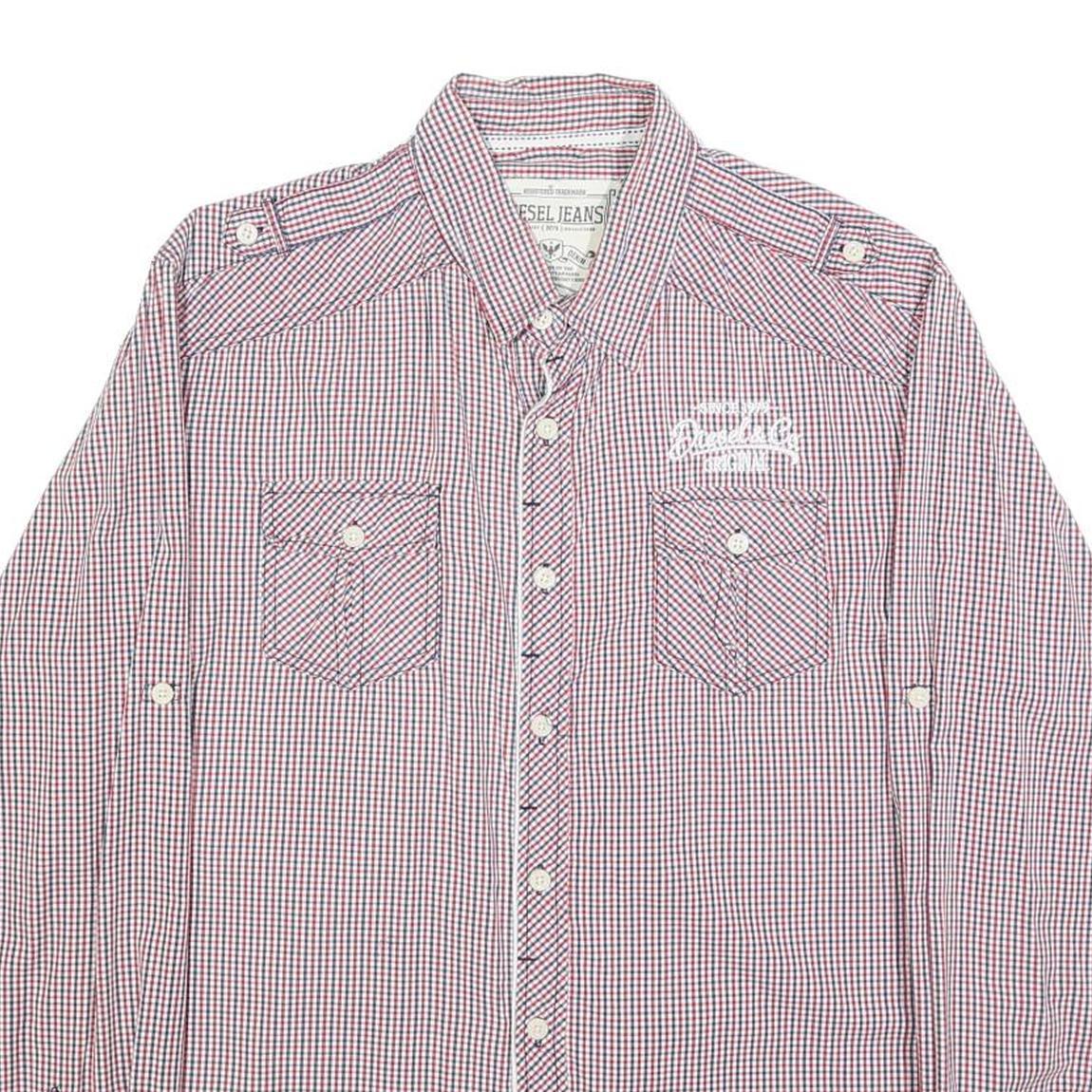 DIESEL Mens Red Blue Check Shirt L Casual Cotton Button Long Sleeve