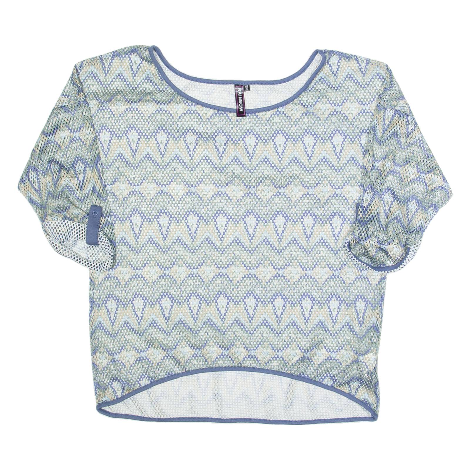 RAINBOW Mesh Womens Printed Top Blue 3/4 Sleeve Fair Isle L