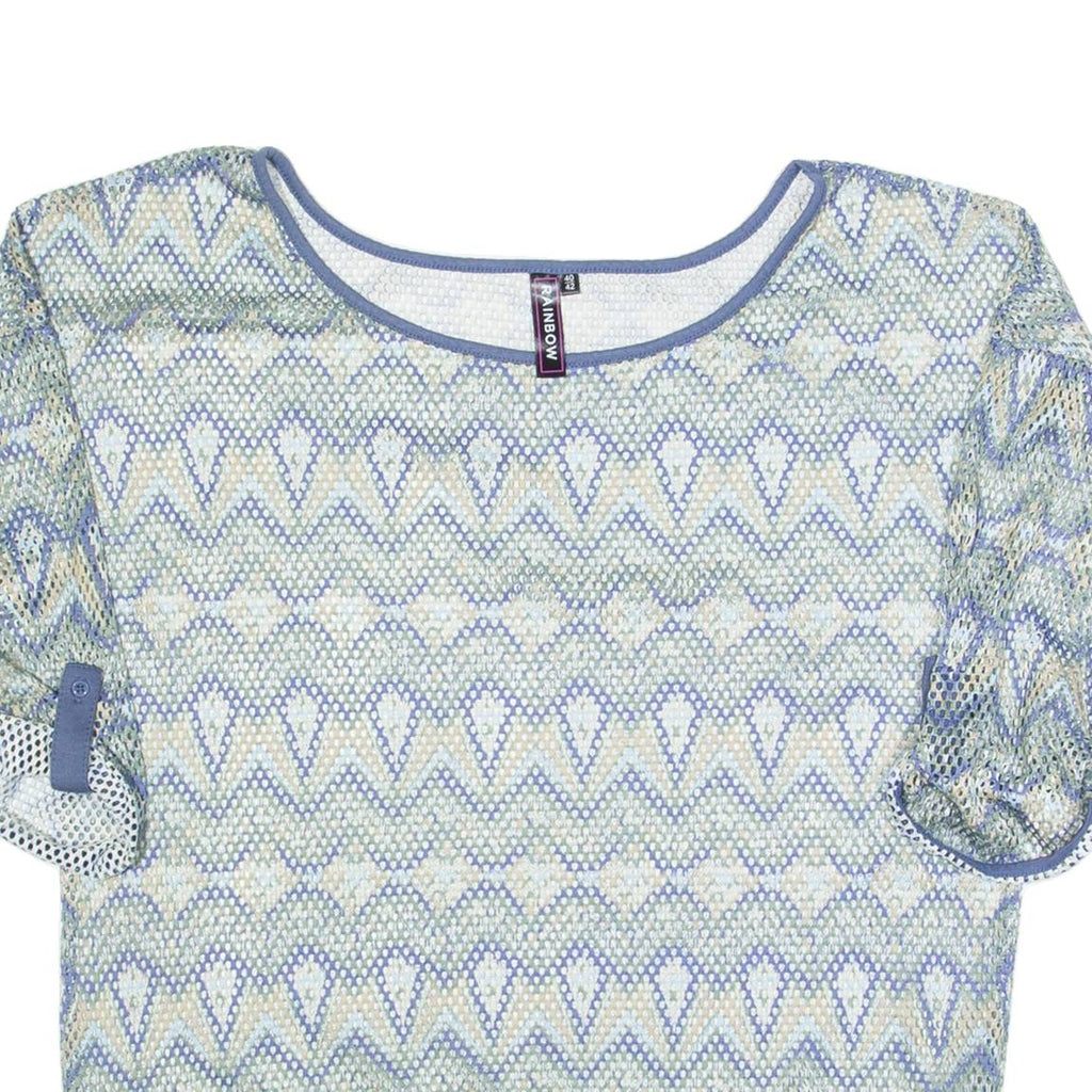 RAINBOW Mesh Womens Printed Top Blue 3/4 Sleeve Fair Isle L