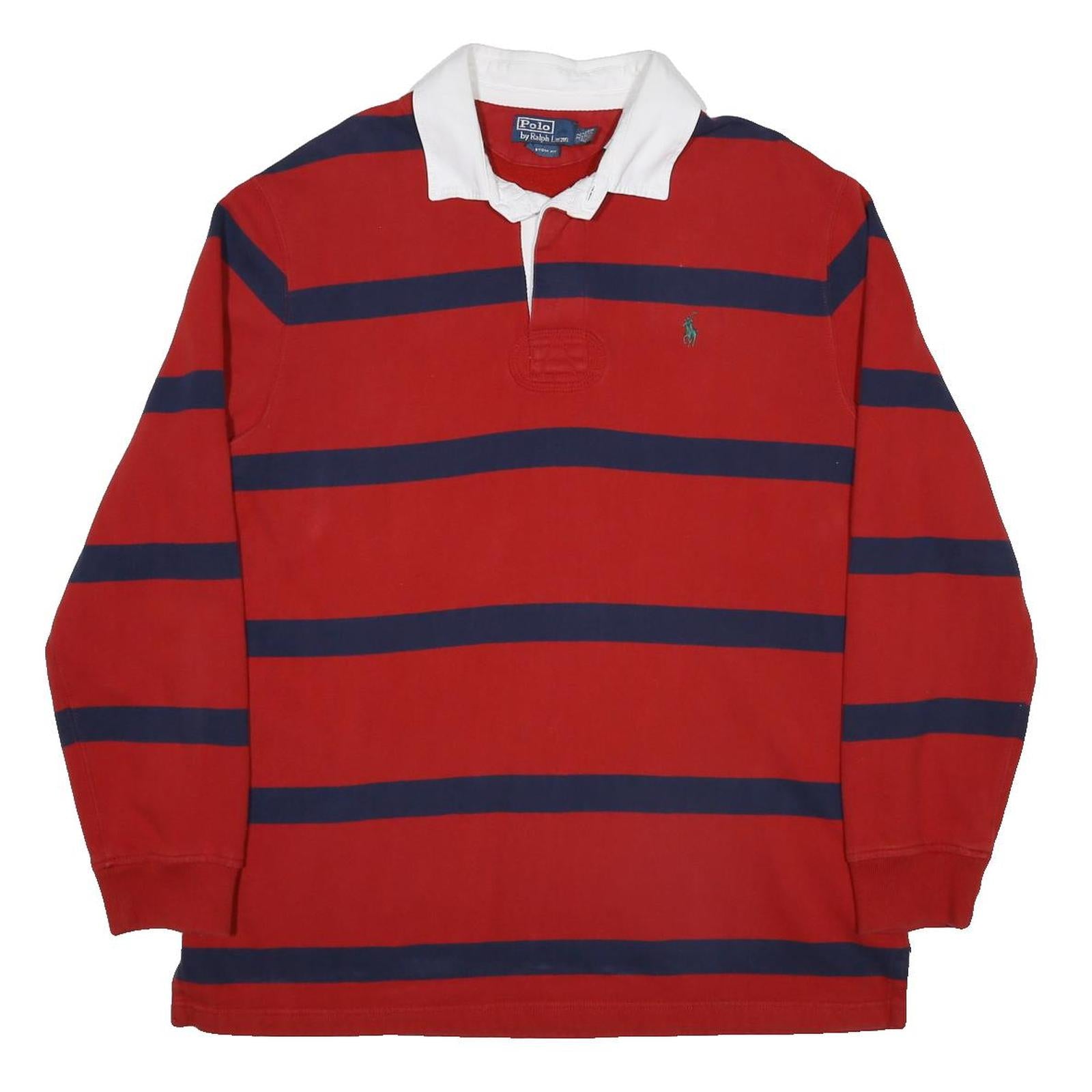 POLO RALPH LAUREN Mens Red & Navy Striped Long Sleeve Polo Shirt XL Classic Fit