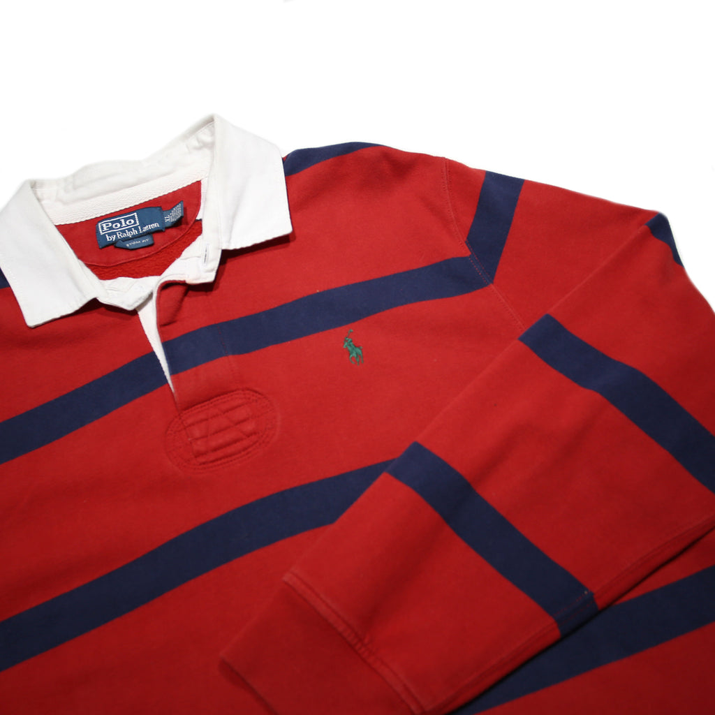 POLO RALPH LAUREN Mens Red & Navy Striped Long Sleeve Polo Shirt XL Classic Fit