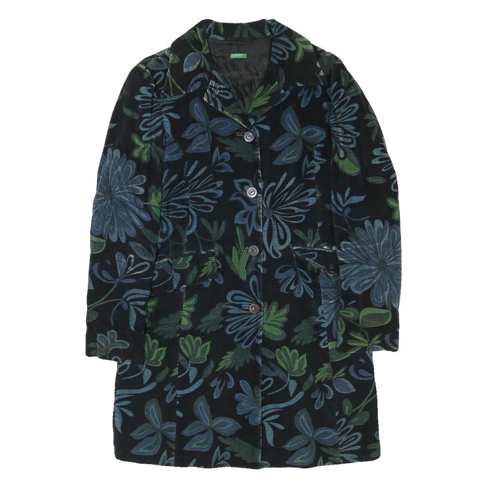BENETTON Womens Blue & Green Floral Button Jacket XS Polyester Blend Velvet
