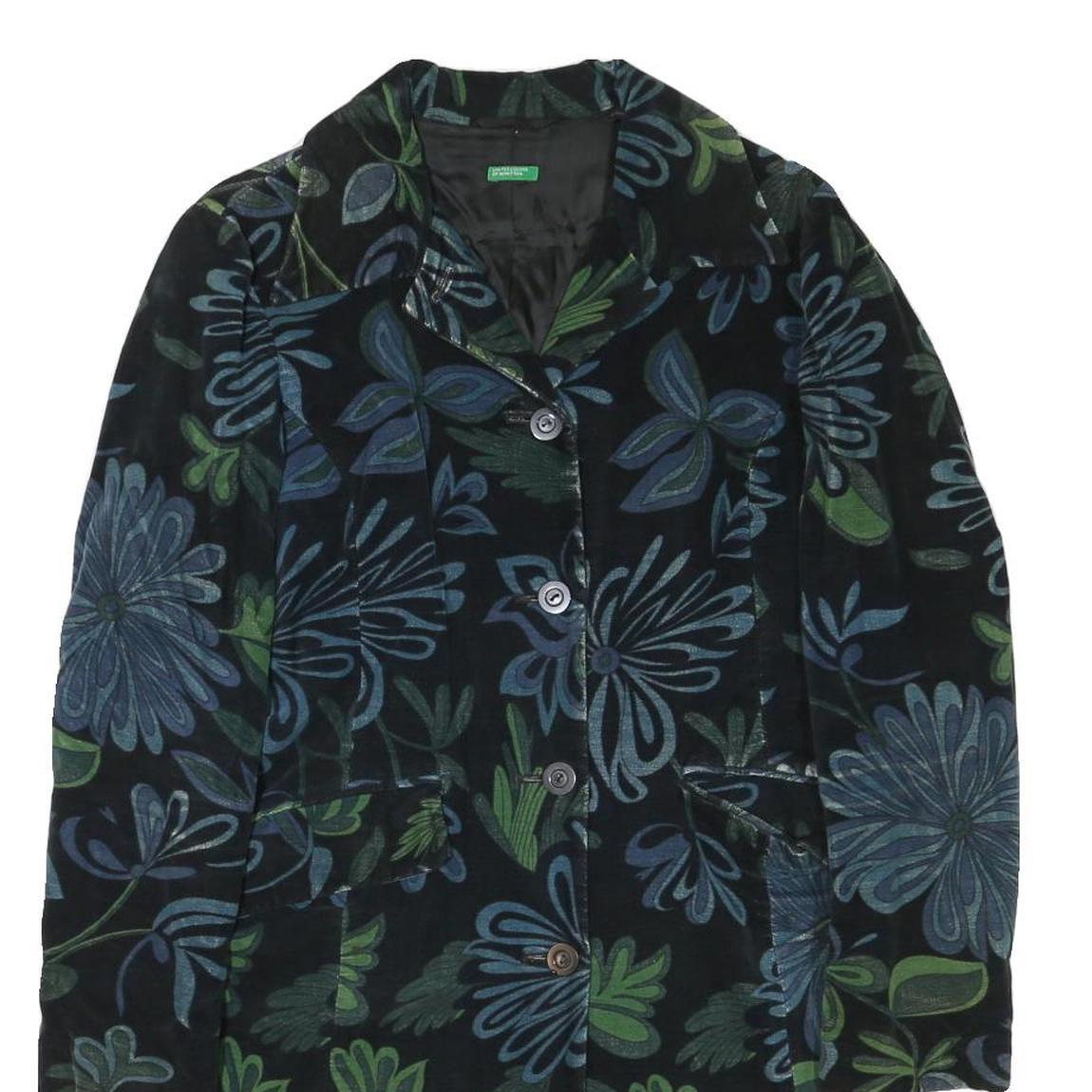 BENETTON Womens Blue & Green Floral Button Jacket XS Polyester Blend Velvet