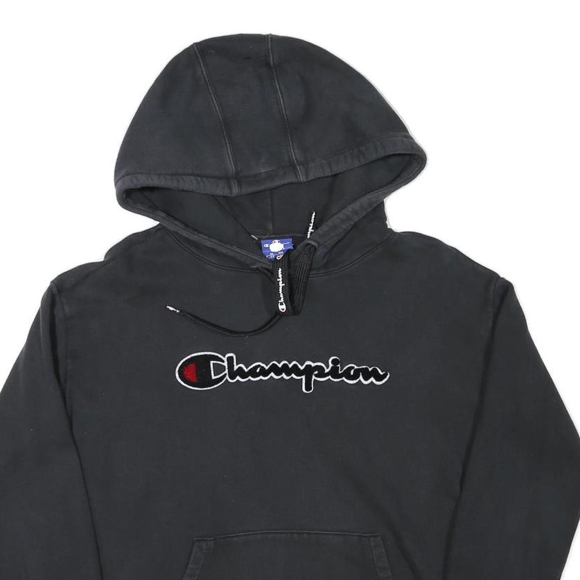CHAMPION Mens Black Logo Embroidered Pullover Hoodie S Cotton Blend