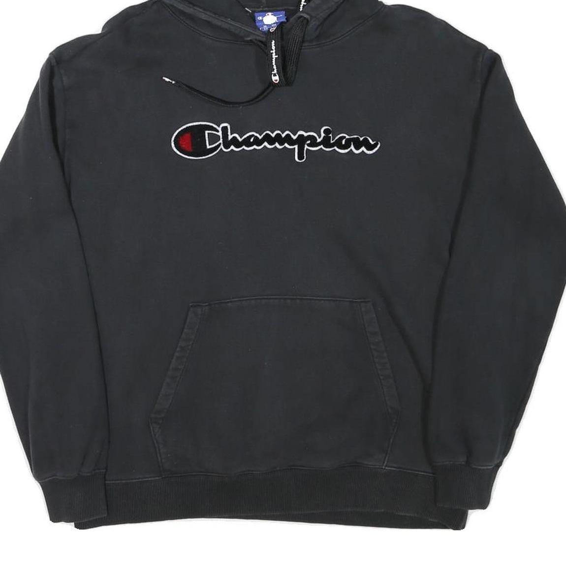 CHAMPION Mens Black Logo Embroidered Pullover Hoodie S Cotton Blend