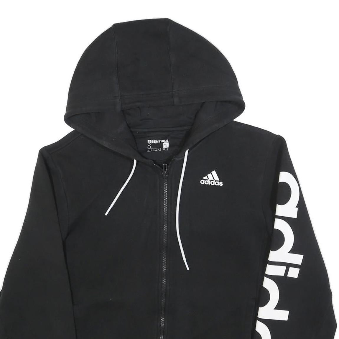 ADIDAS Mens Black Full Zip Hoodie S Essentials Logo Print Casual Sweatshirt