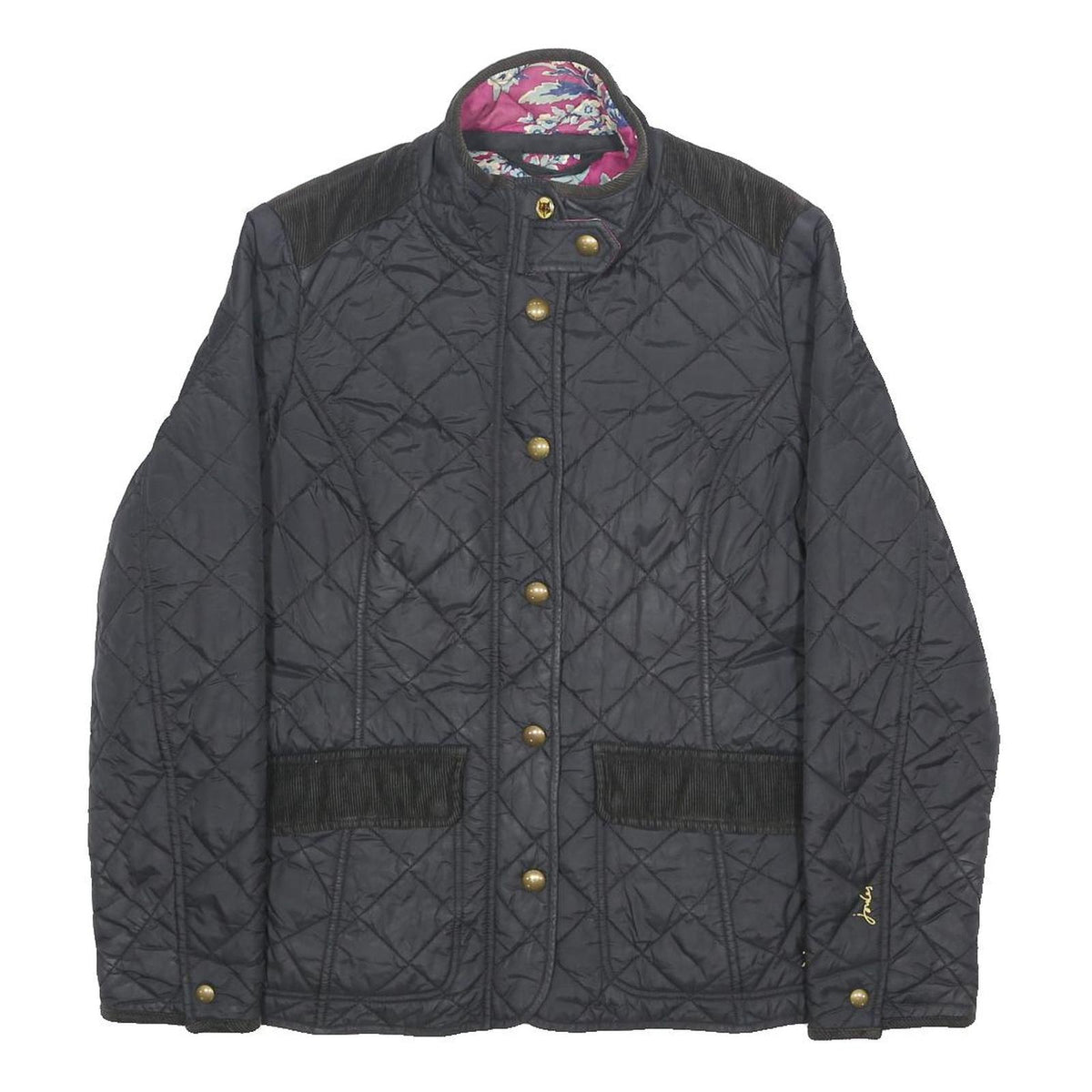 JOULES Womens Black Quilted Jacket UK 14 Polyamide Button Closure Classic