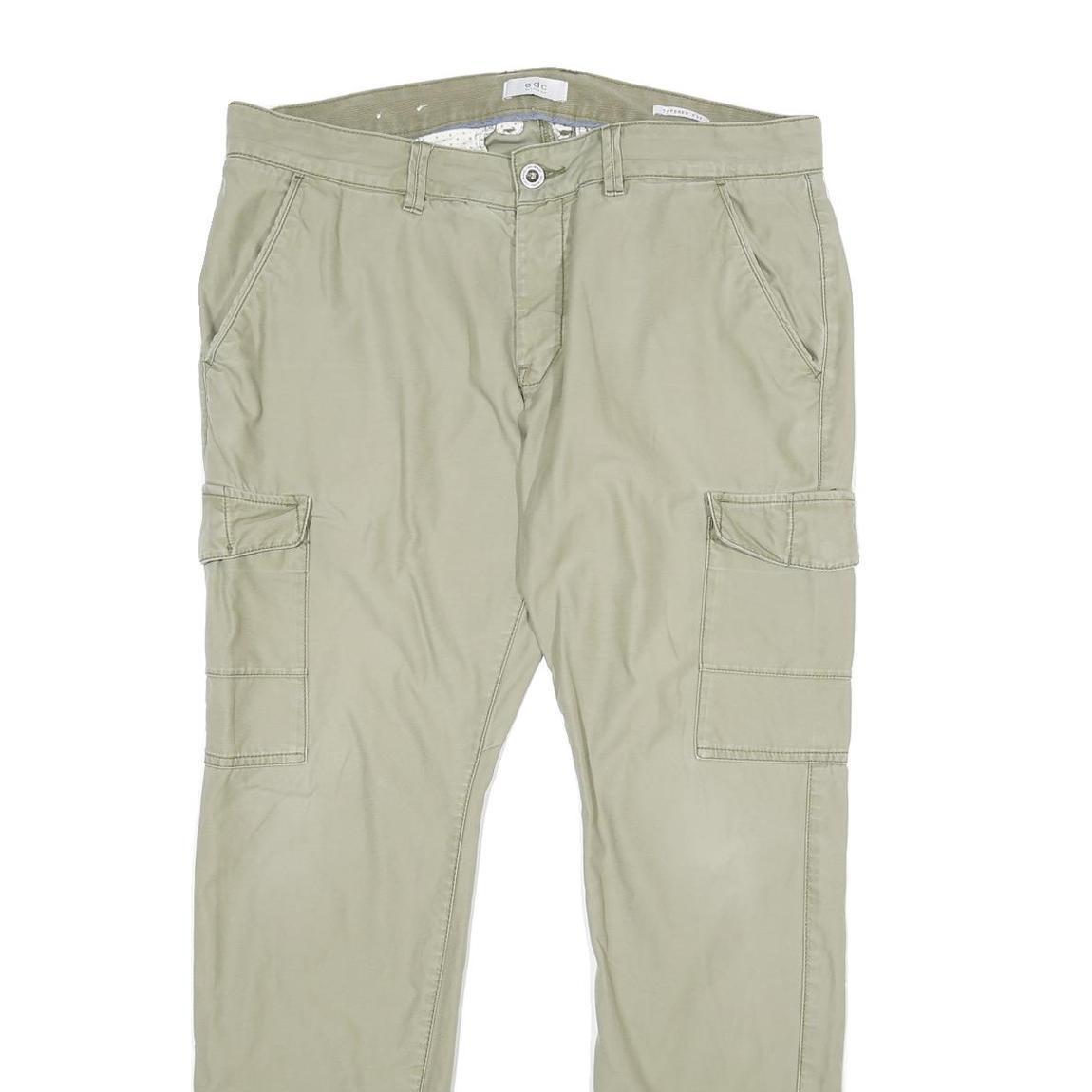 EDC Mens Cotton Beige Regular Cargo Trousers W36 L34 Casual Utility Zip Closure