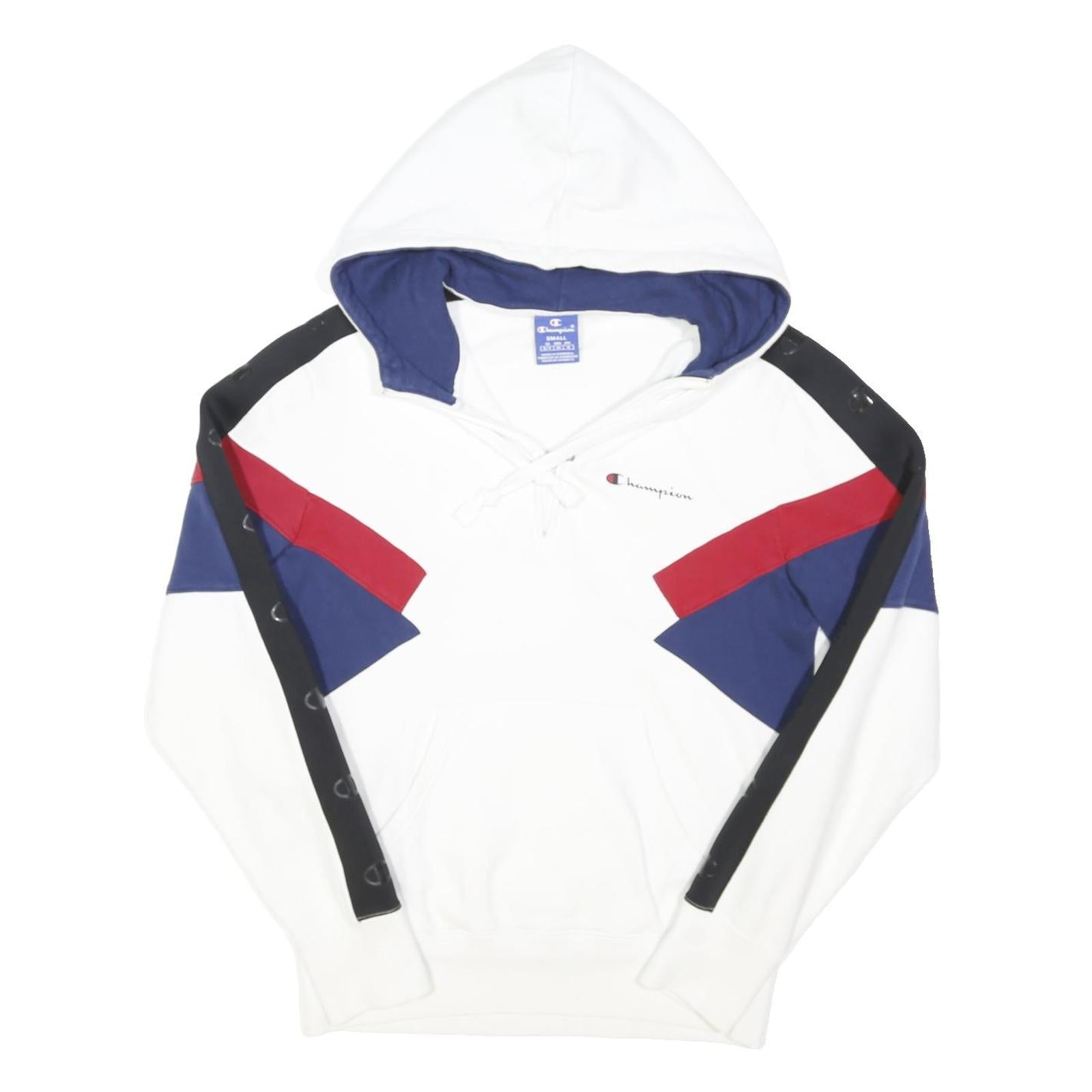 CHAMPION Mens White Navy & Red Logo Pullover Hoodie S Cotton Blend