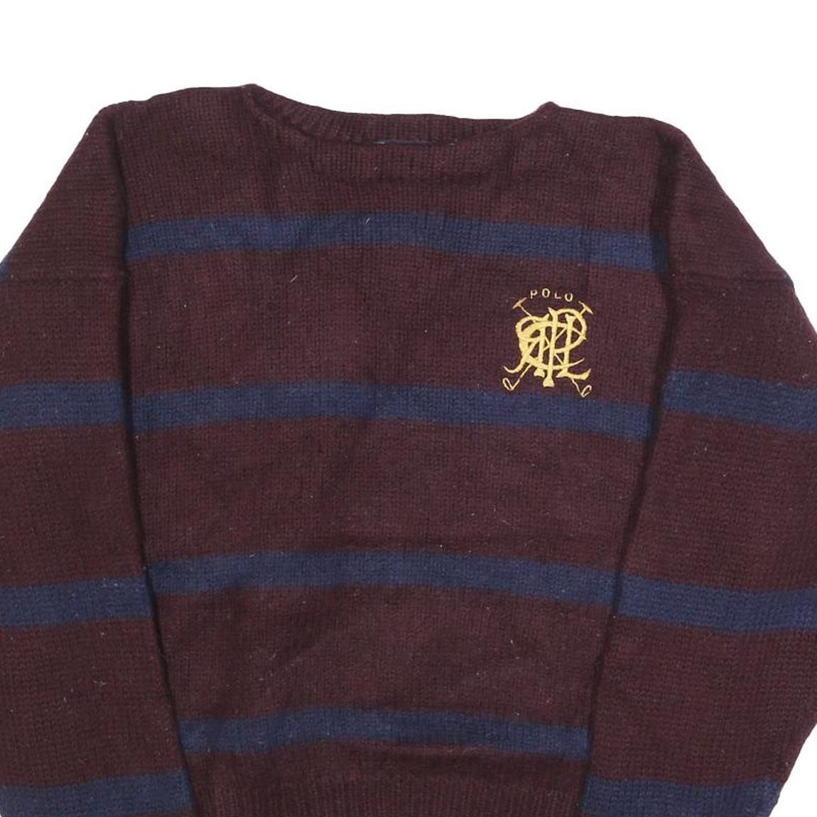 POLO RALPH LAUREN Mens Maroon & Navy Patterned Wool Jumper Crew Neck Basic Knit