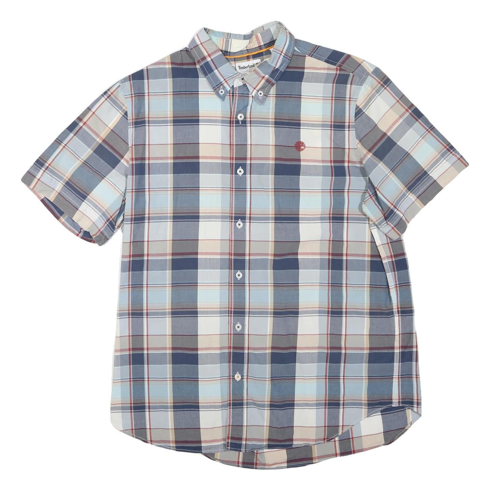 TIMBERLAND Mens Blue Beige Cotton Blend Check Shirt L Short Sleeve Button Down