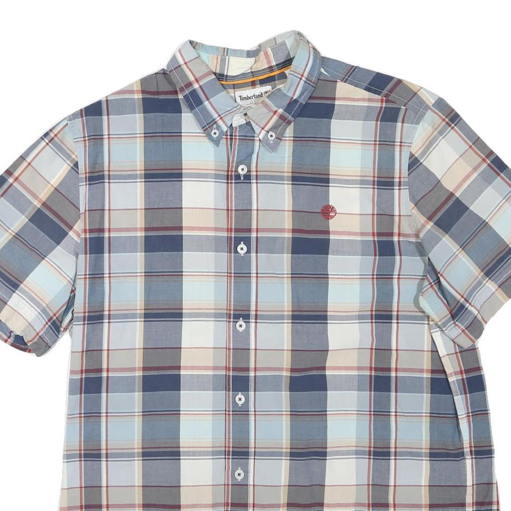 TIMBERLAND Mens Blue Beige Cotton Blend Check Shirt L Short Sleeve Button Down
