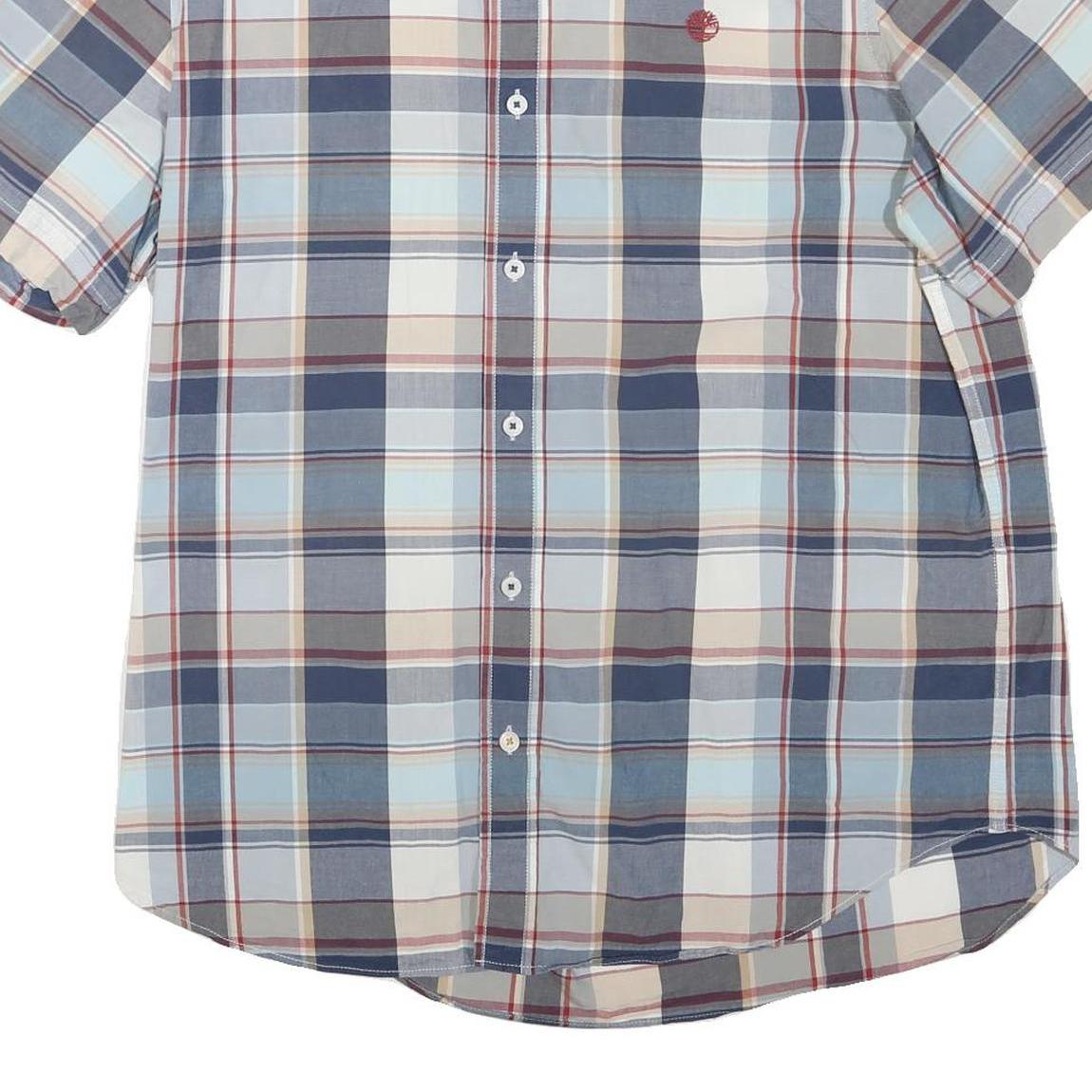 TIMBERLAND Mens Blue Beige Cotton Blend Check Shirt L Short Sleeve Button Down